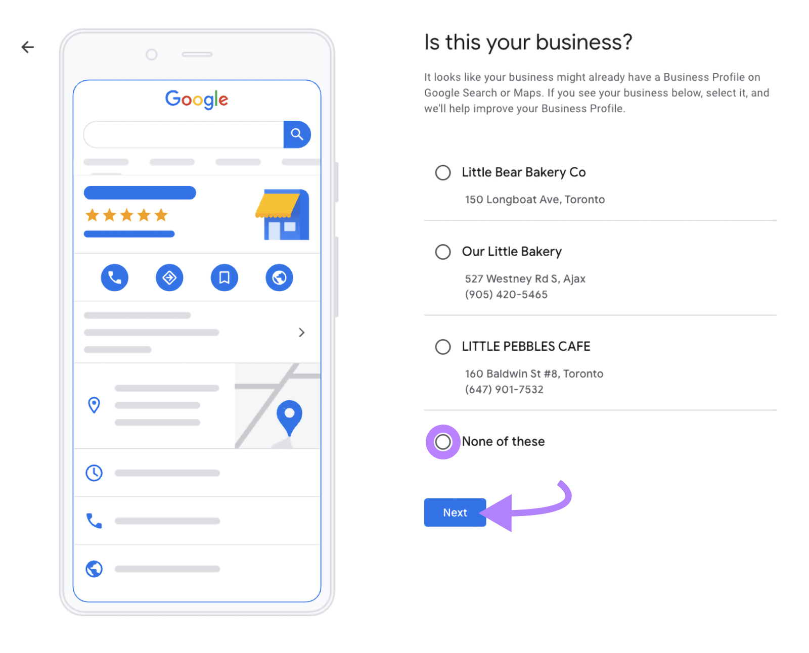 Business verification screen with “None of these” selected and arrow pointing to “Next.”