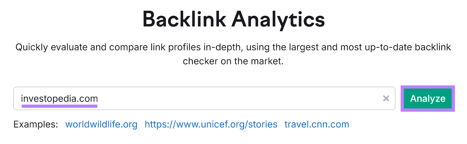 Backlinks start with domain entered and Analyze button highlighted
