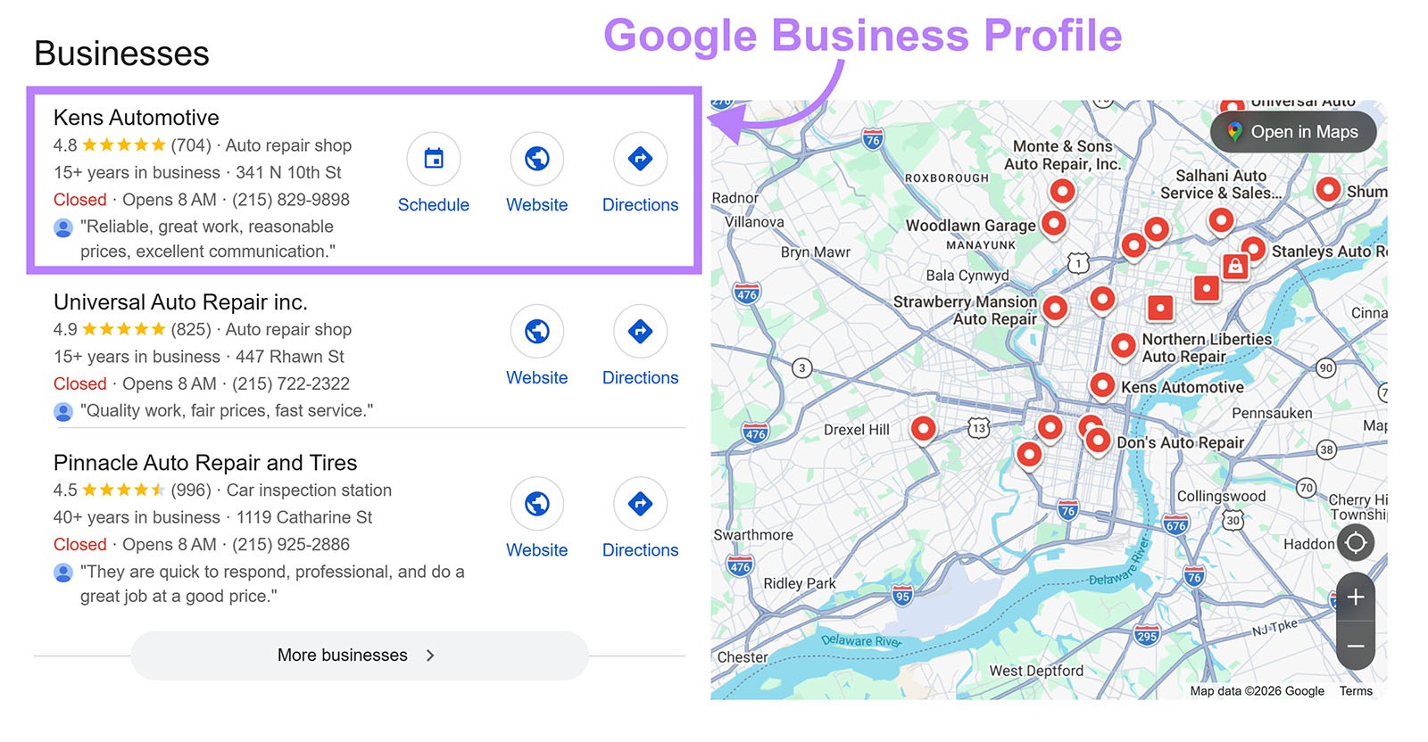 Google local pack showing Kens Automotive profile with website, directions, and review.