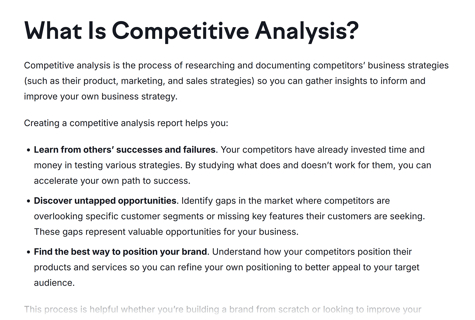 Page section titled “What Is Competitive Analysis?” with bulleted list of key benefits like learning from competitors.
