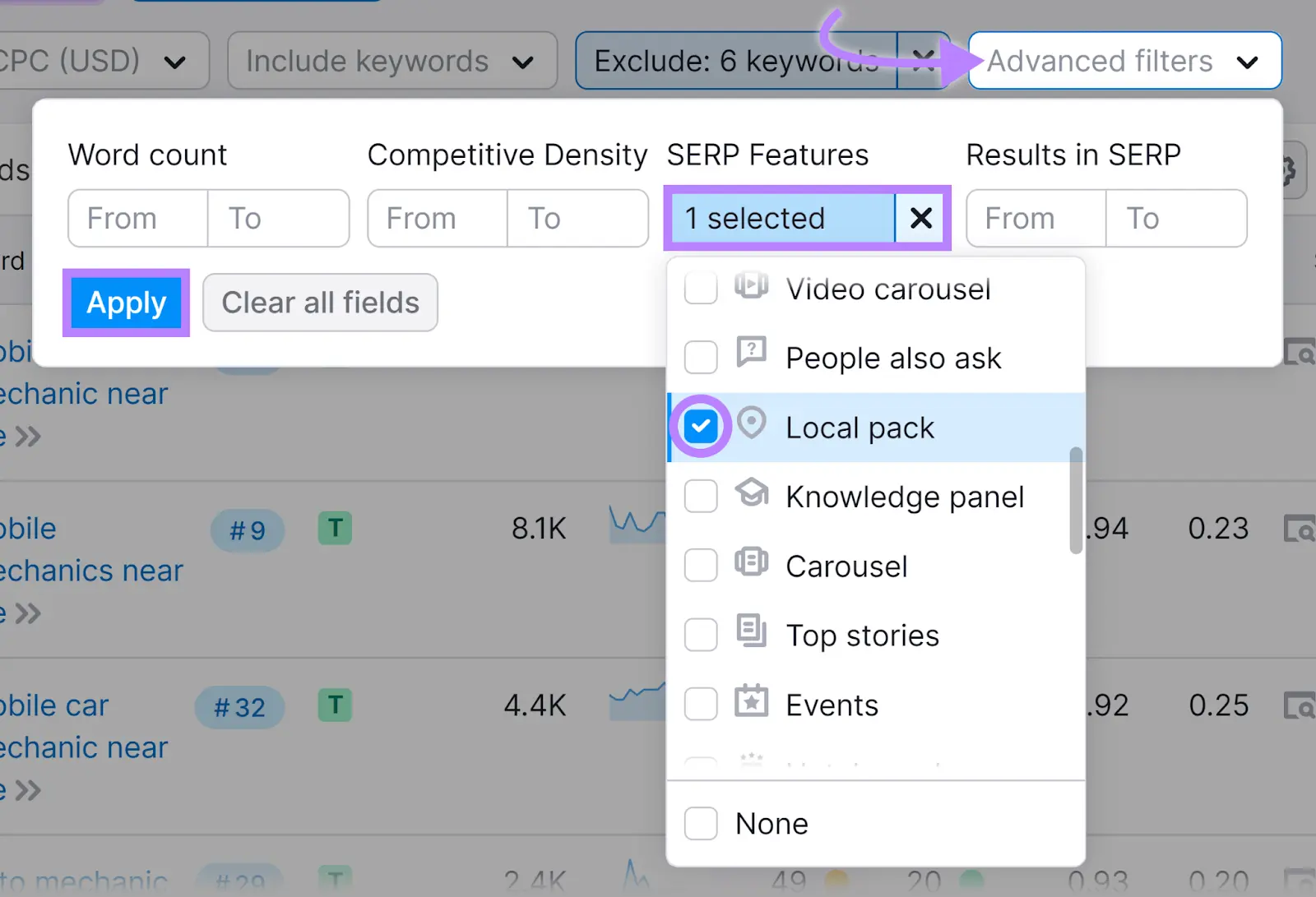 Advanced filters menu open with ‘Local pack’ selected under SERP Features.
