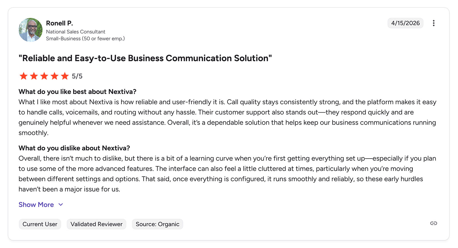 G2 review page showing customer feedback and rating for Nextiva business communication tool
