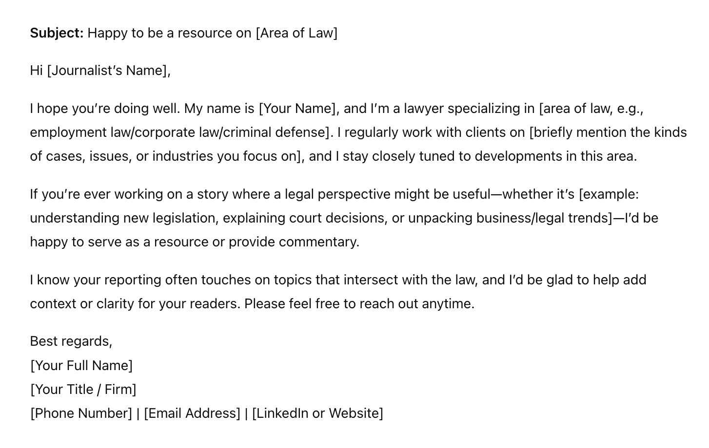 A backlink outreach email template offering to be a source on legal matters generated on ChatGPT.