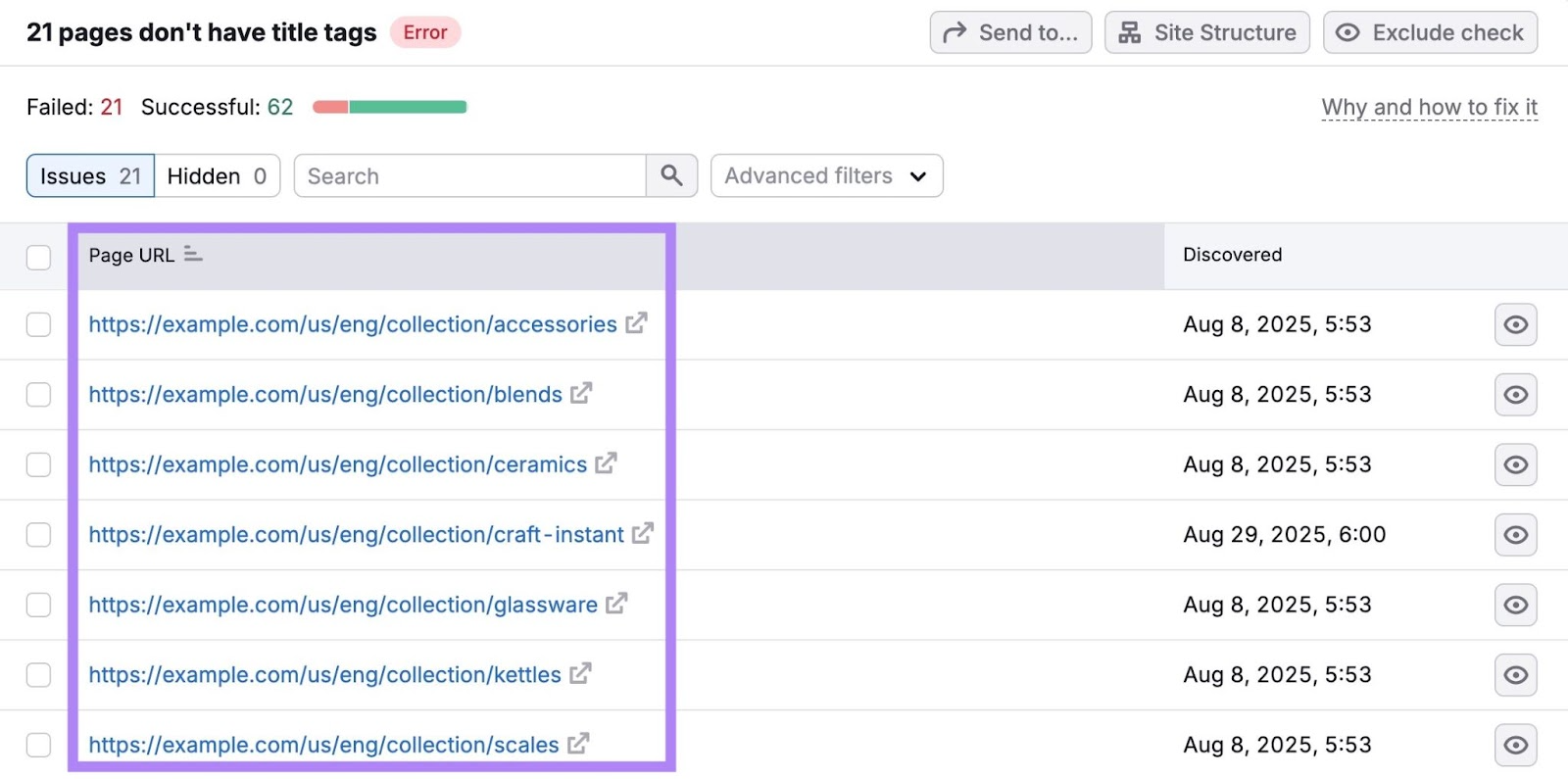 A list of pages with title tag issues on the Site Audit tool.