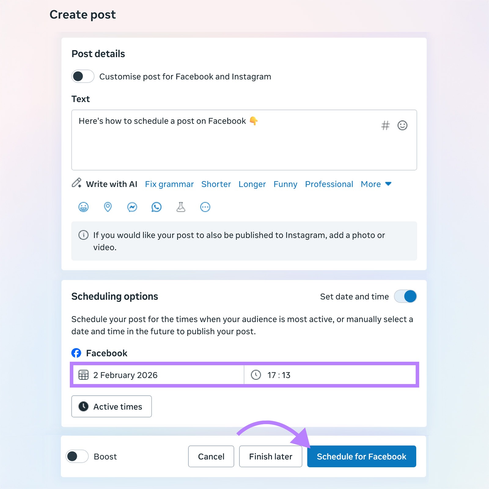 Facebook post scheduling screen with date and time selected and the “Schedule for Facebook” button highlighted.