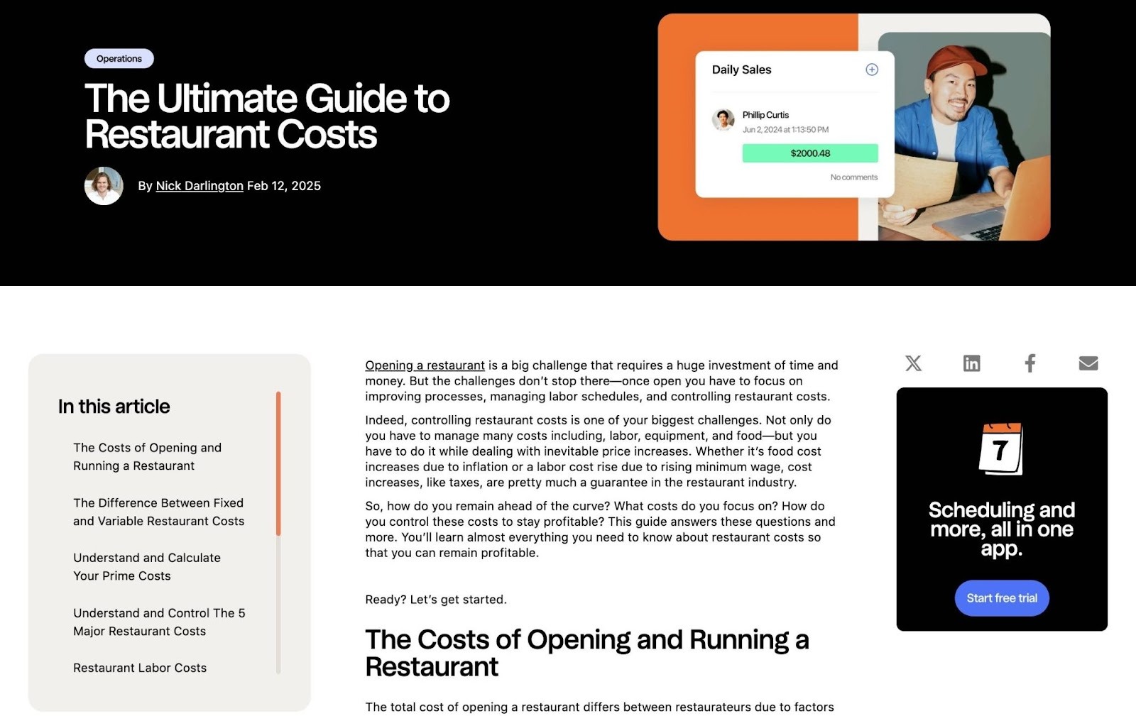 A pillar page by 7Shifts titled "The Ultimate Guide to Restaurant Costs".