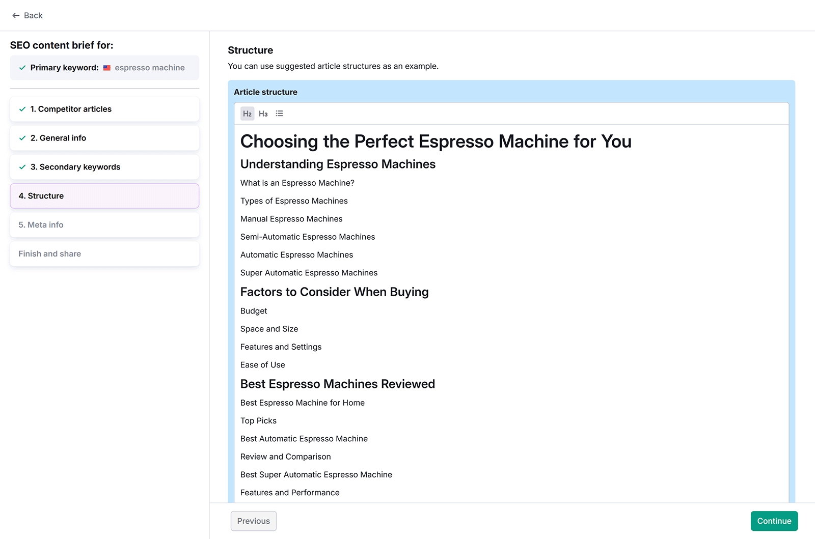 SEO content brief setup screen showing article structure for “Choosing the Perfect Espresso Machine for You.”