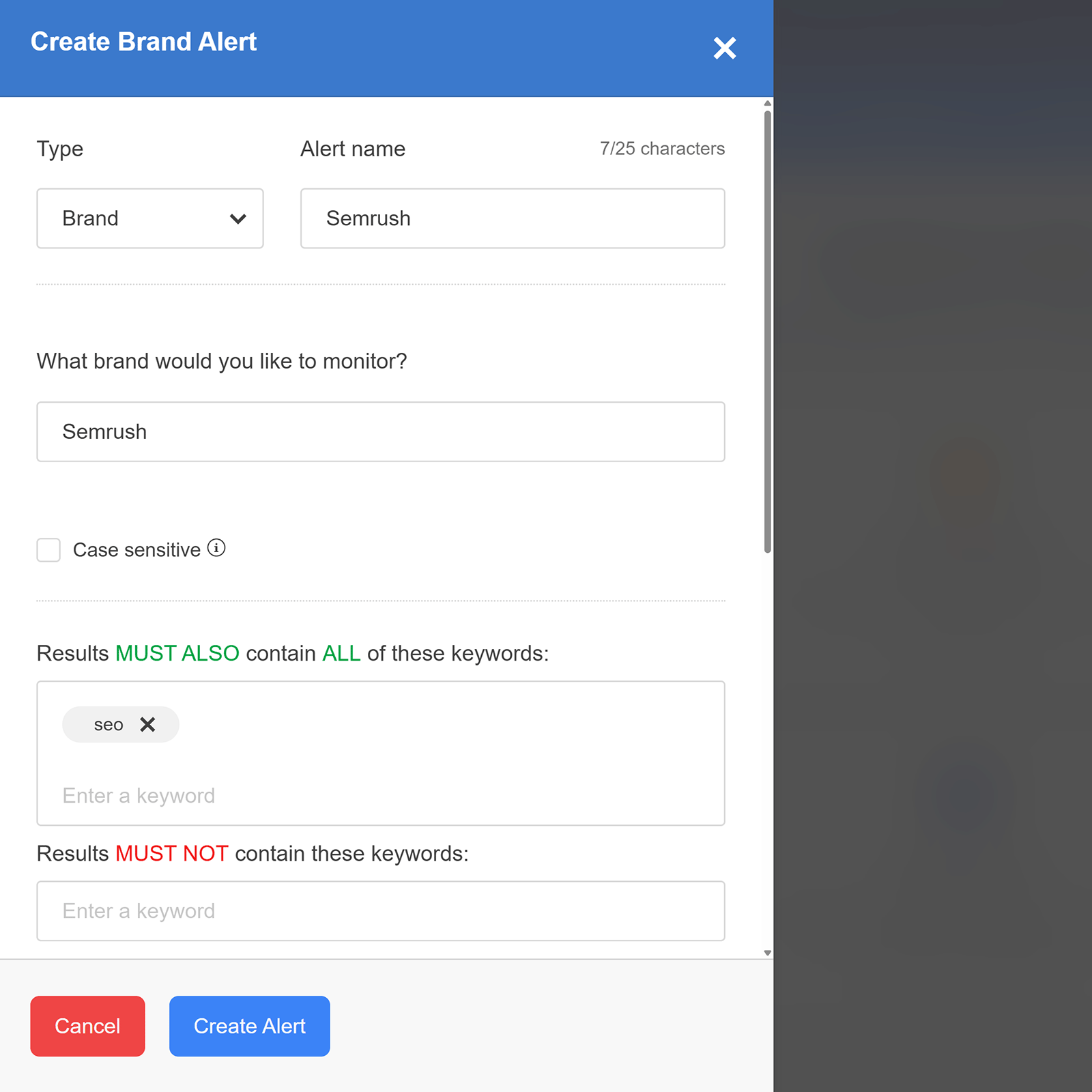 Brand alert setup form entering “Semrush” with keyword filters and case sensitivity options.
