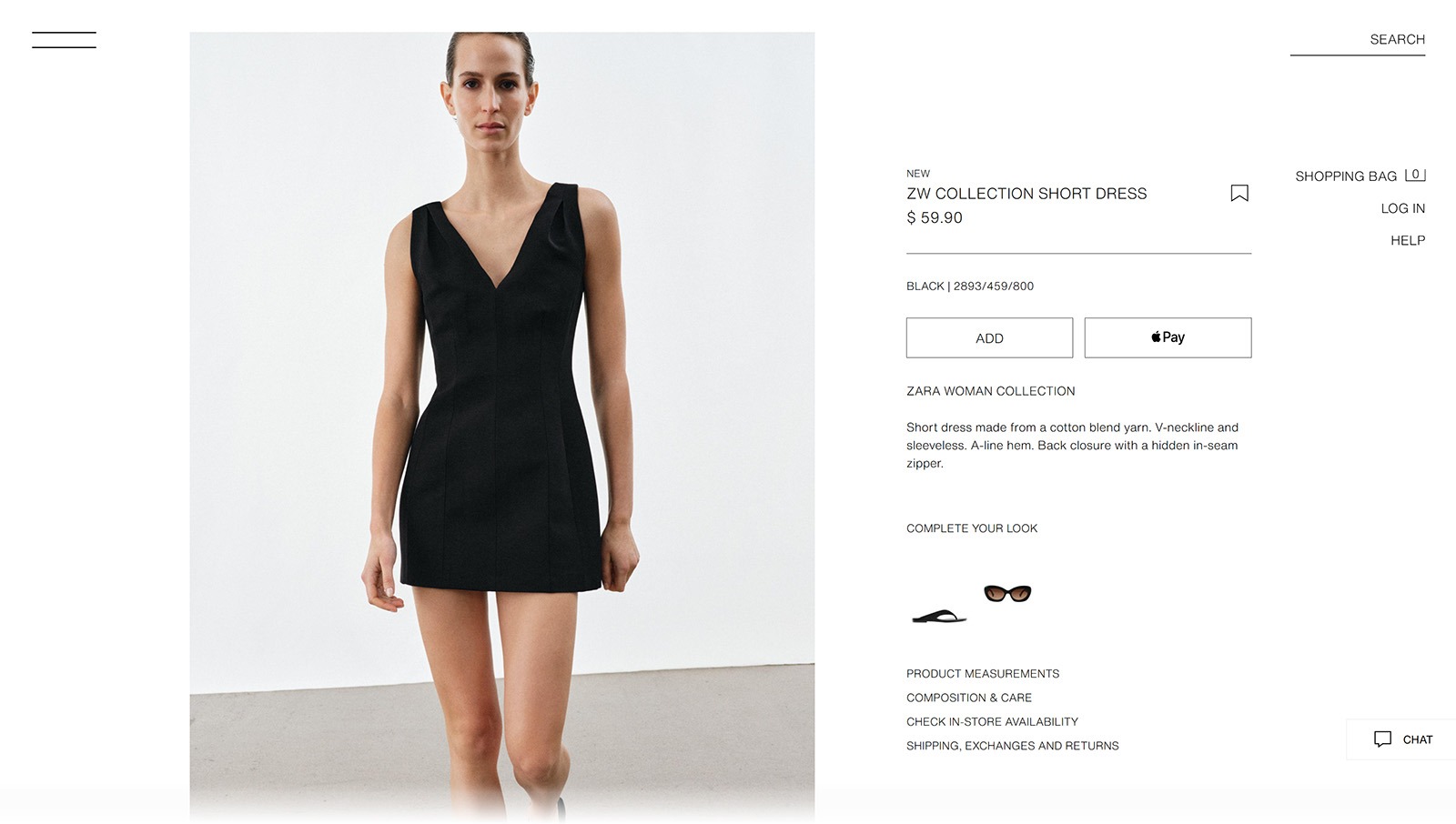 Zara ZW Collection short black dress product page with price, Add button, and product details