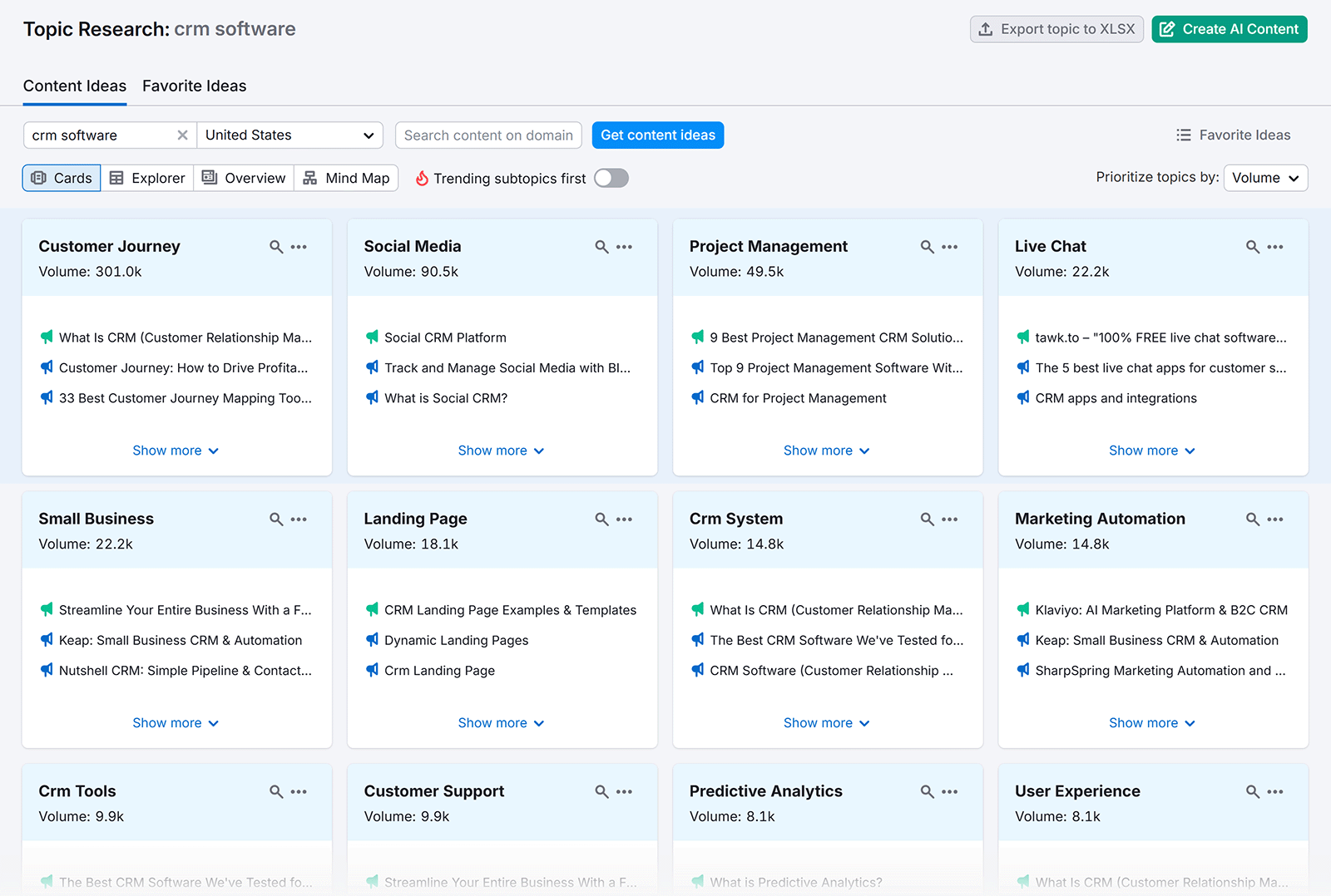 Semrush Topic Research tool showing CRM software content ideas grouped into subtopics like customer journey, social media, and live chat.