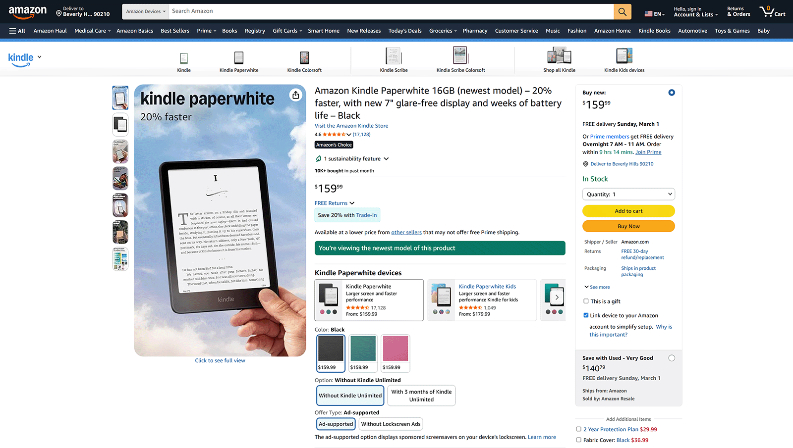 Amazon Kindle Paperwhite product page with price, ratings, color options, and Add to Cart button