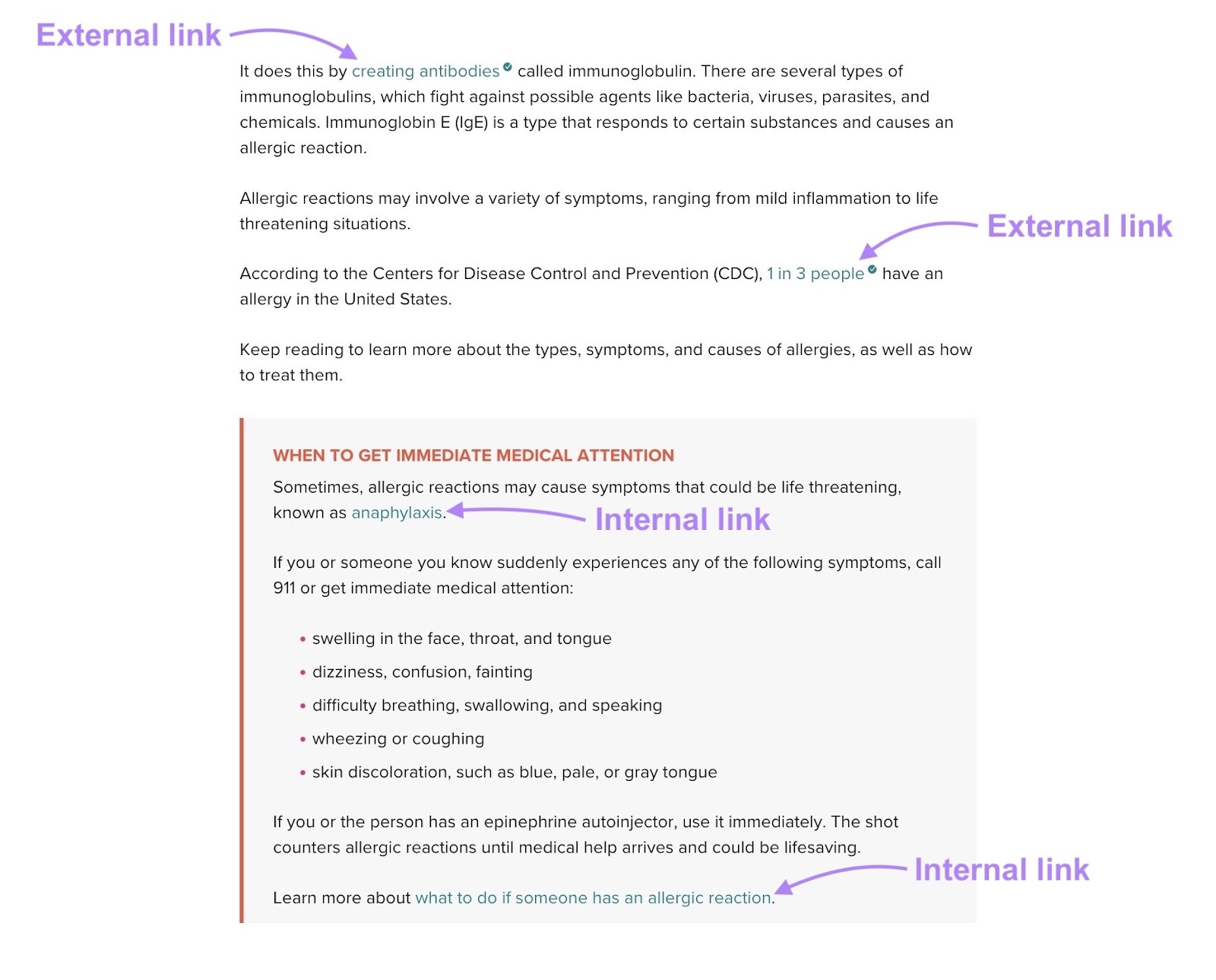 The different external and internal links highlighted on a pillar page by Healthline.
