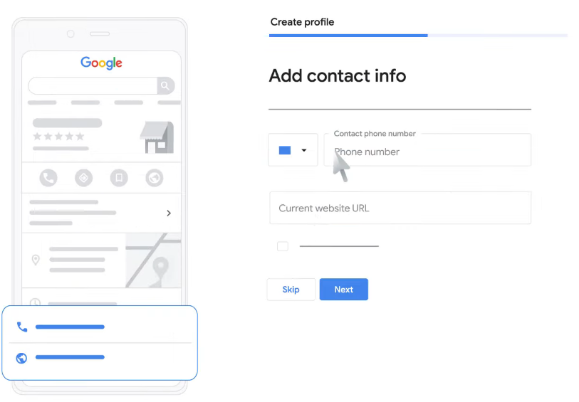 The screen to add your contact details and website when you create a Google Business Profile.