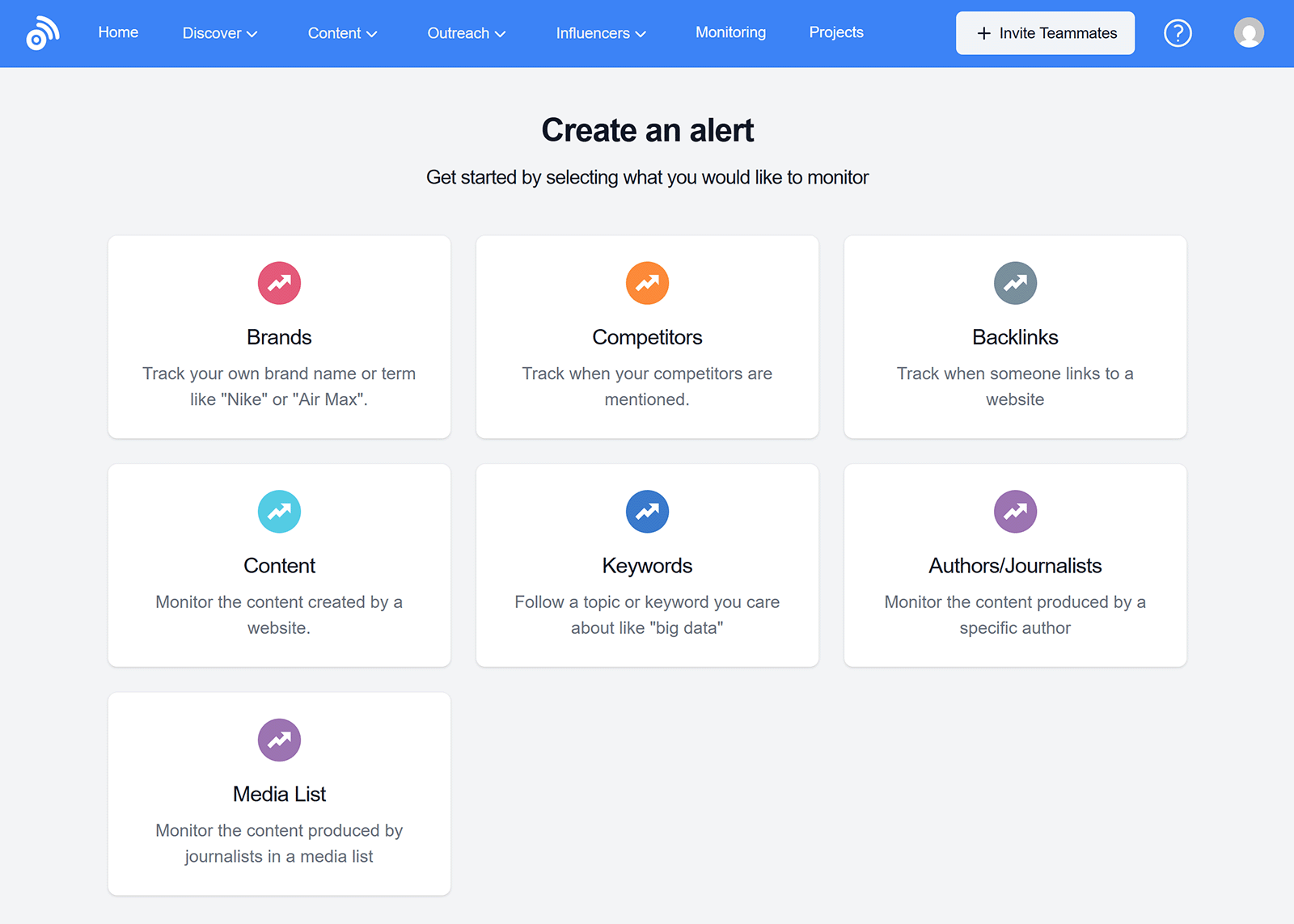 BuzzSumo screen to create an alert with options to monitor brands, competitors, keywords, or backlinks.