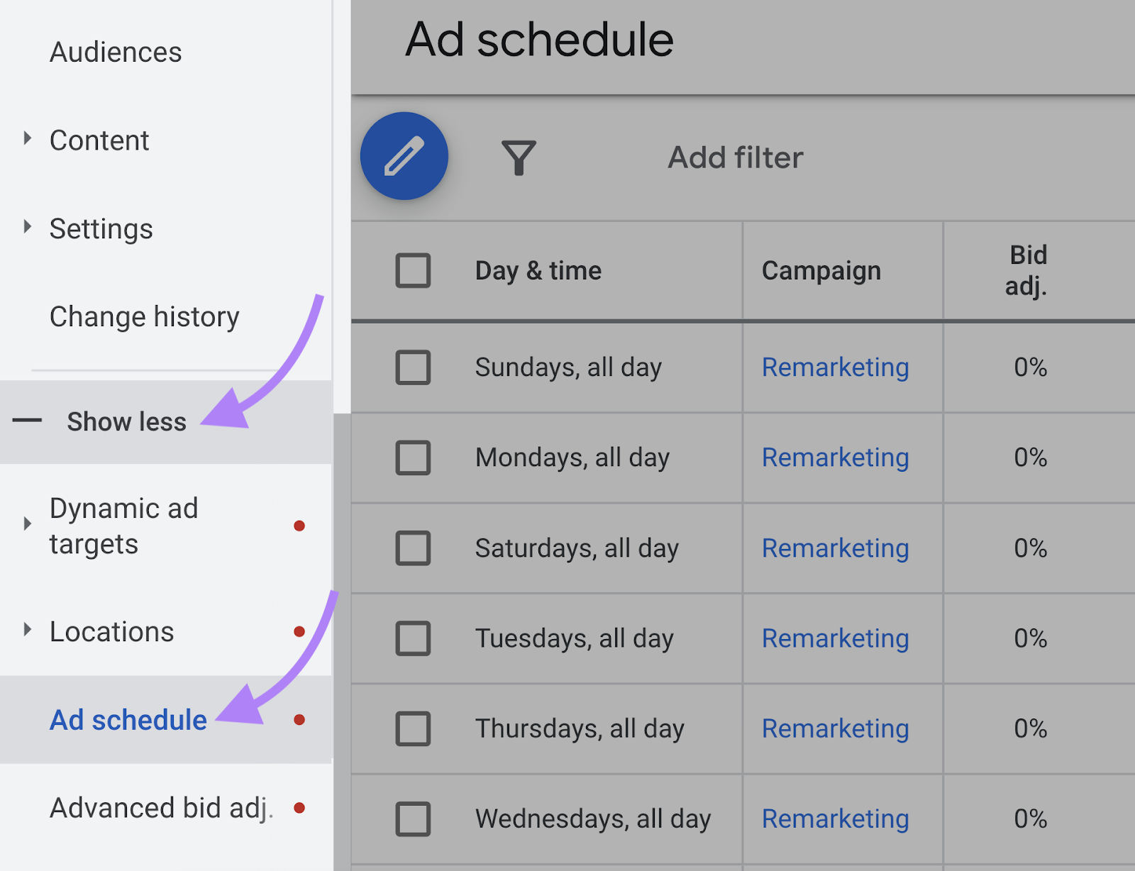 navigation to “Ad schedule” button