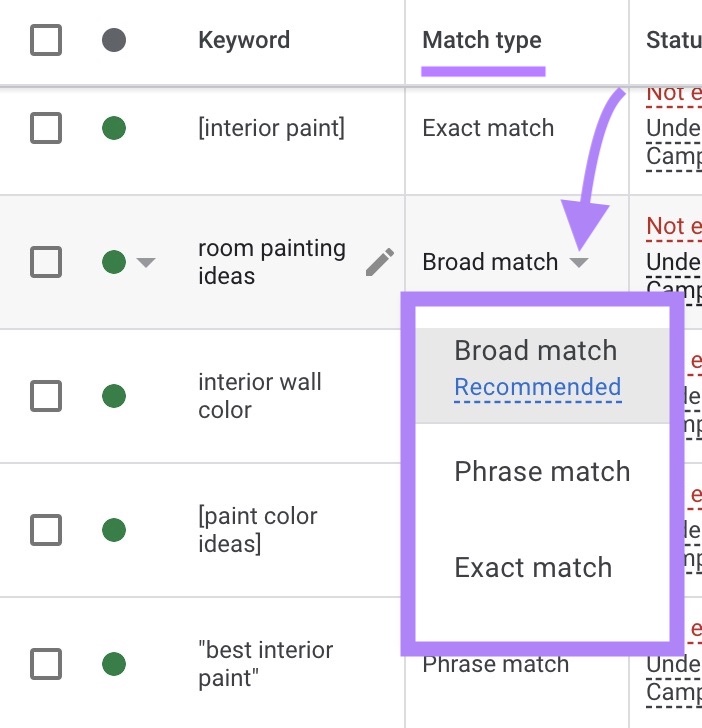 Changing the match type for a single keyword on Google Ads by clicking the dropdown next to it in the "Match type" column.