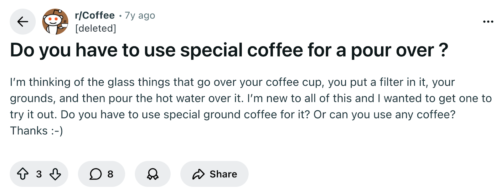 Reddit thread ranking in Google about using special coffee for a pour-over