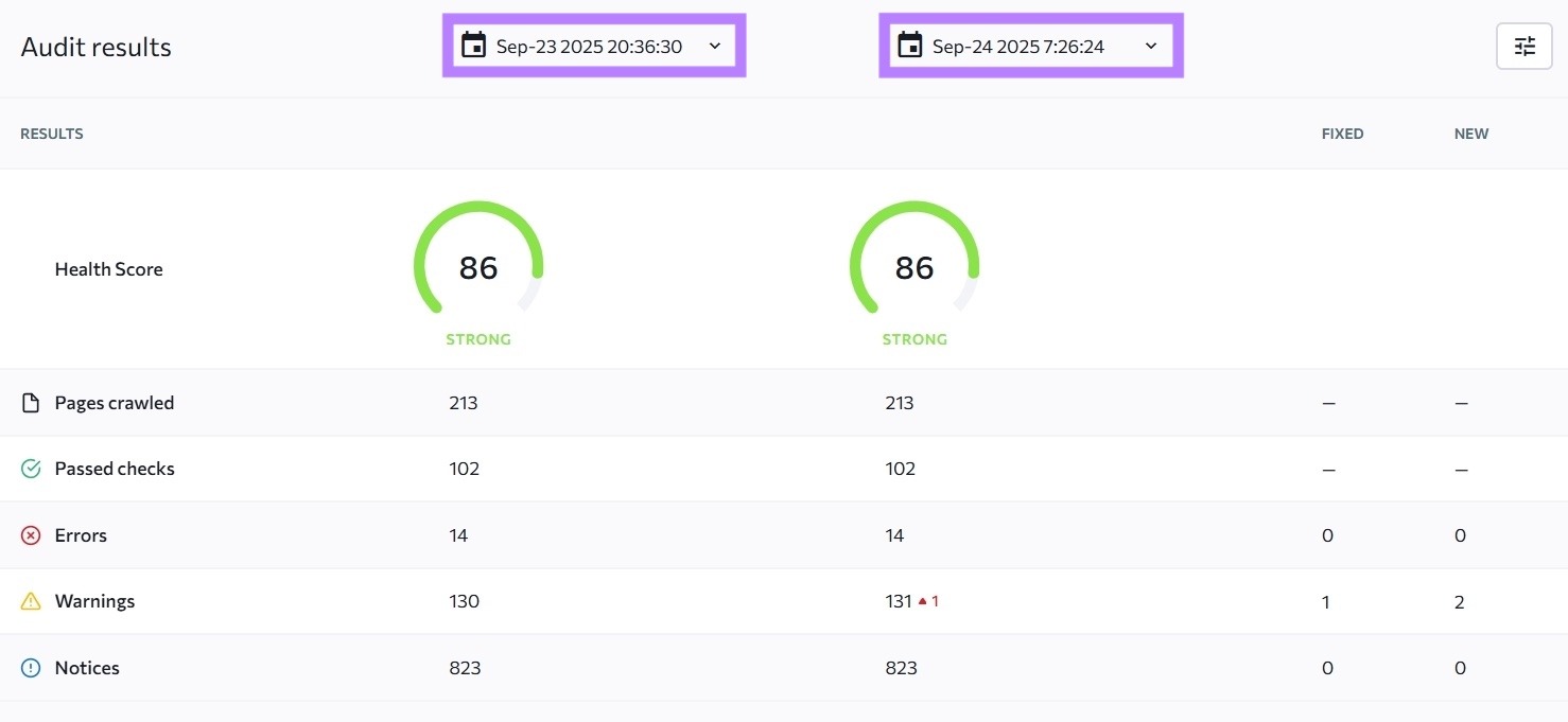 Crawl Comparison comparing results from two different site audits on SE Ranking.