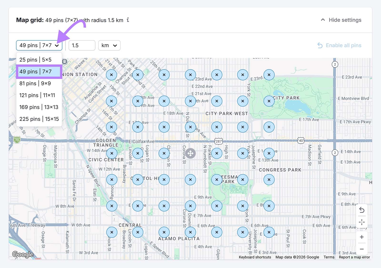 Local map with pin grid overlay and dropdown set to 49 pins in a 7x7 configuration.