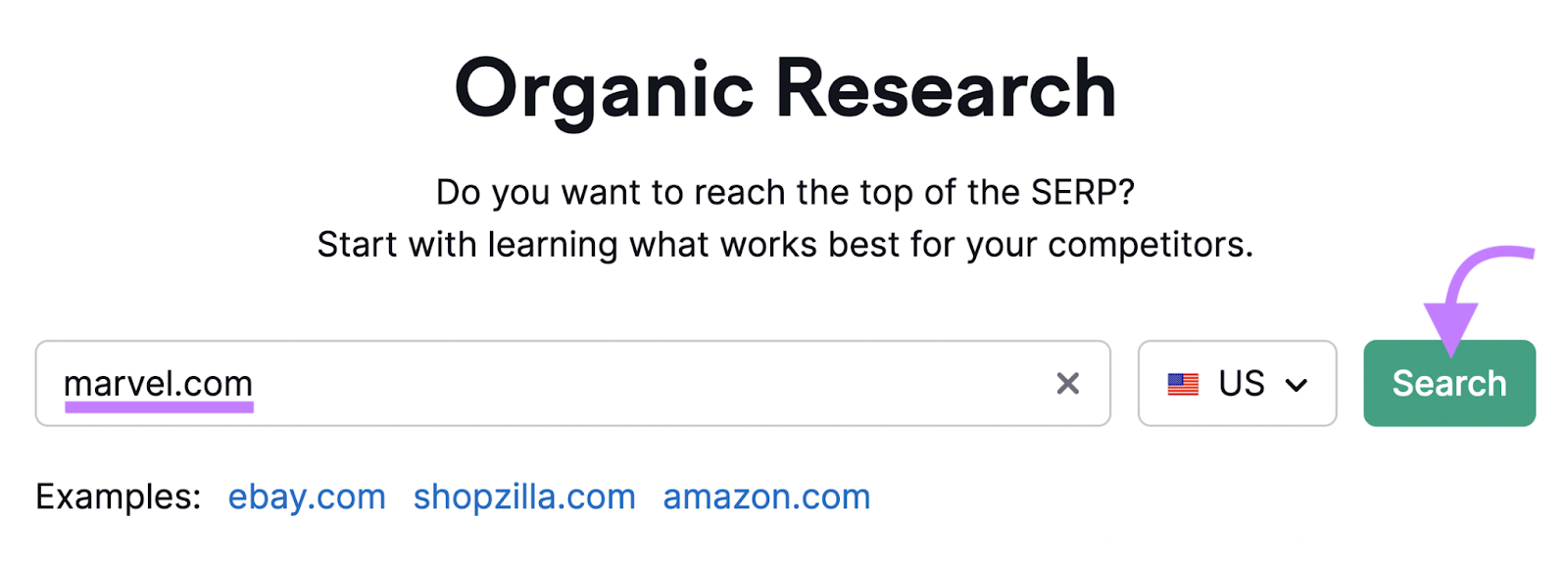 search for "marvel.com" in Organic Rankings tool