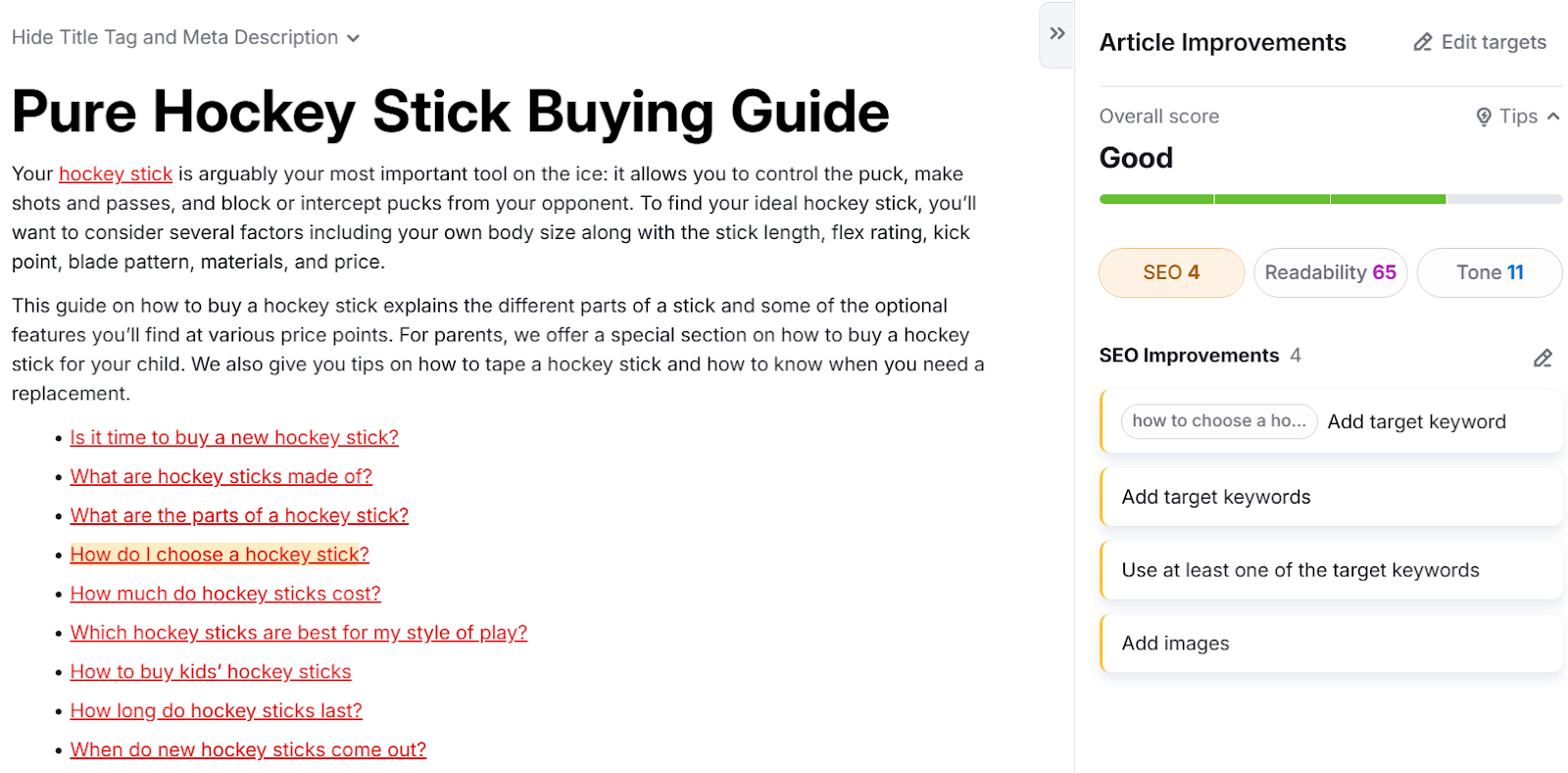 Content editor showing hockey stick buying guide with article improvements panel listing SEO fixes.