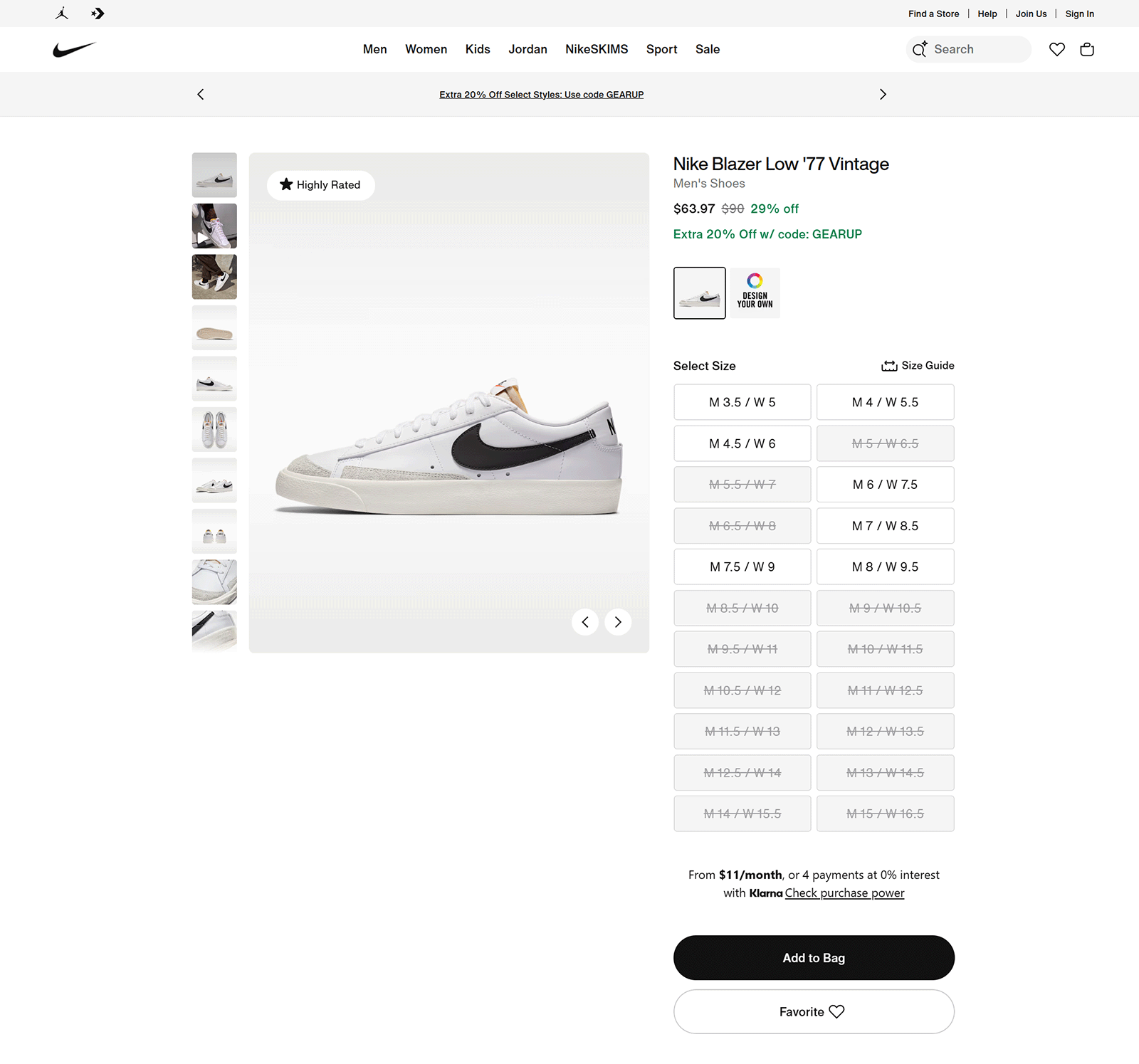Nike Blazer Low ’77 Vintage product page with sale price, size selector, and Add to Bag
