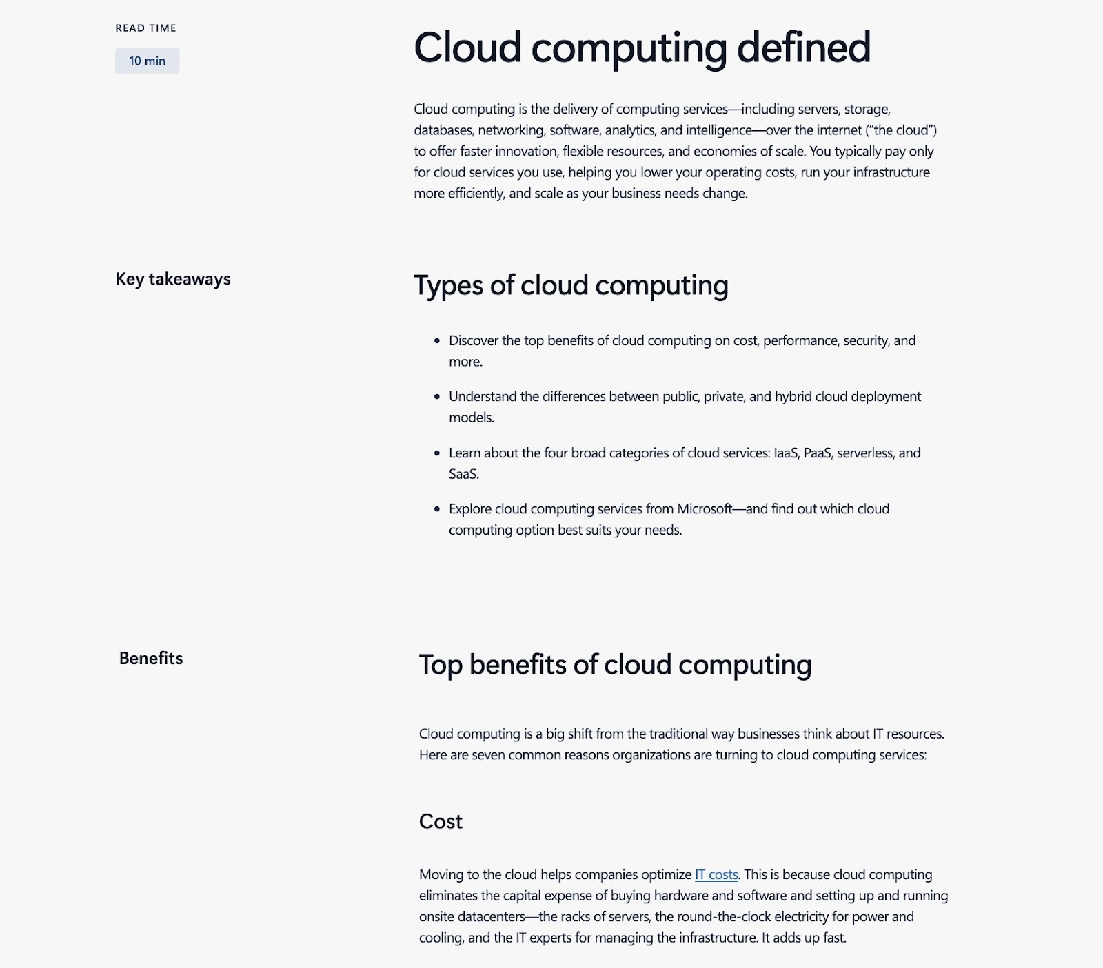 Concise and comprehensive sections on the types of cloud computing, top benefits, etc. on a pillar page by Microsoft.