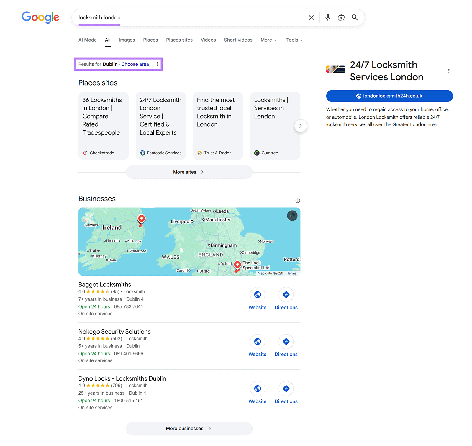 Locksmith business listings with a wide map area despite the search query specifying London.