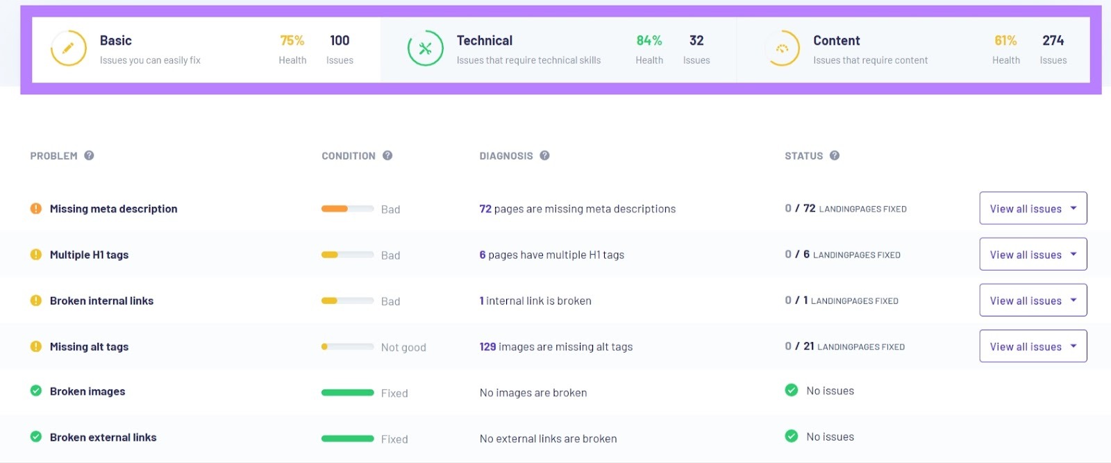 The "Health" report on Morningscore categorizing issues into basic, technical, and content.