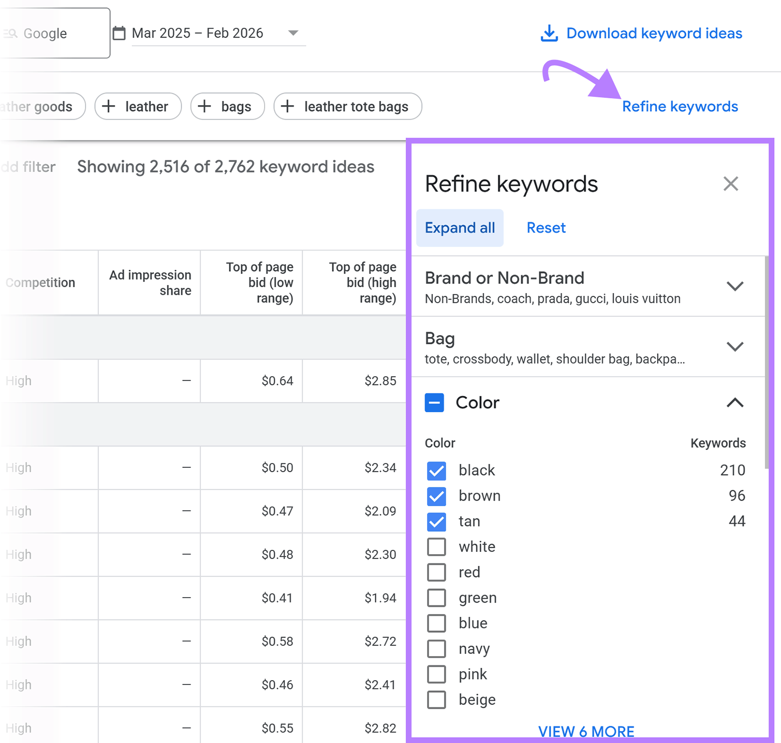Refine keywords panel with filters for brand, bag type, and color options