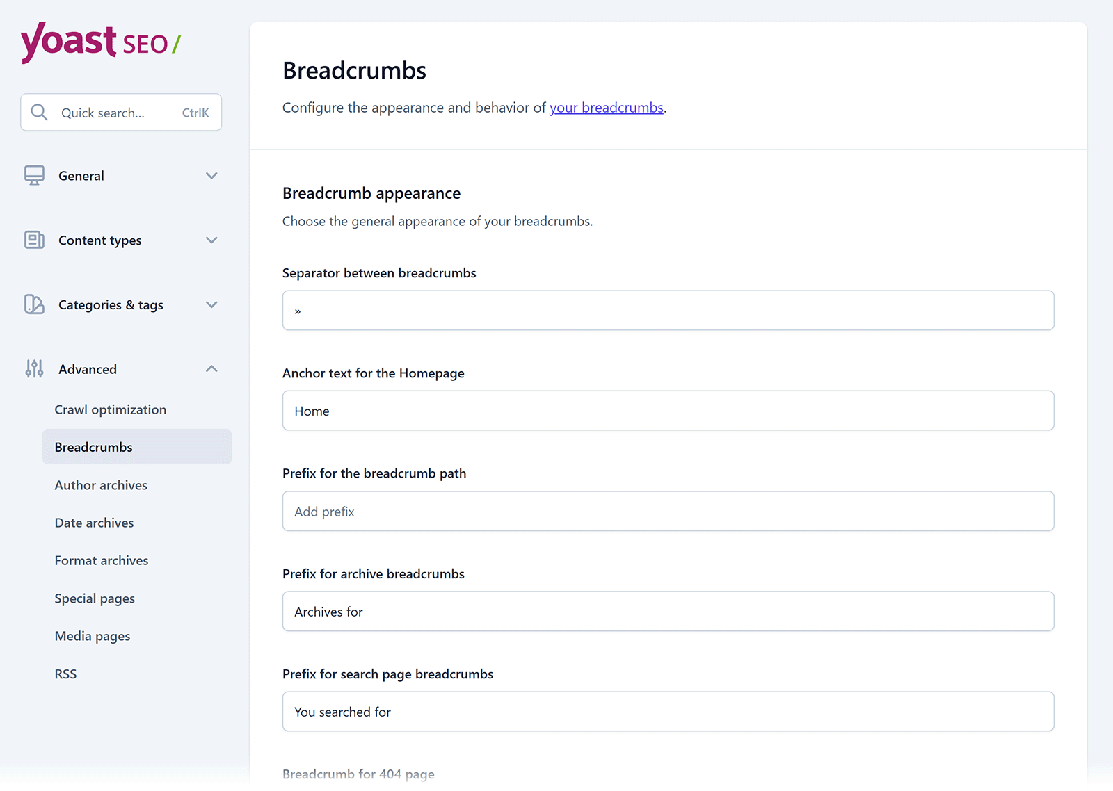 Yoast SEO Breadcrumbs settings screen showing fields for separator, homepage text, and prefix options.