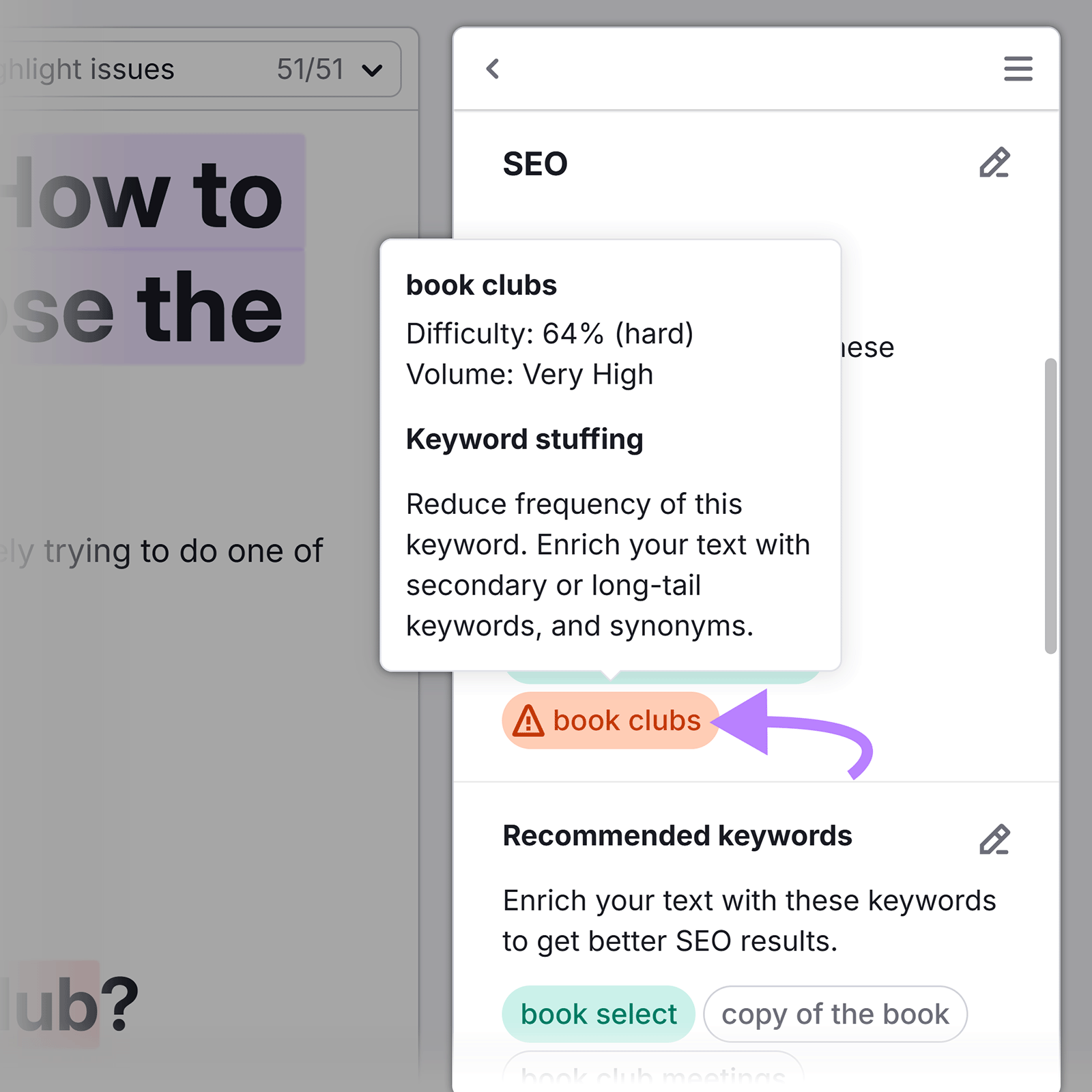 SEO Writing Assistant warning for keyword stuffing on “book clubs” with difficulty and volume data.