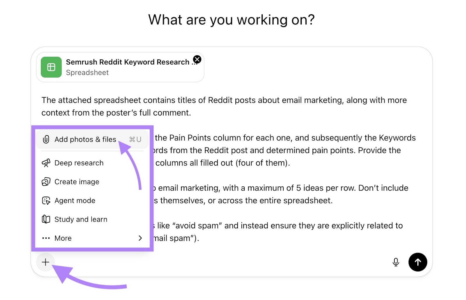 ChatGPT interface with the “+” icon clicked and "Add photos & files" clicked from the list.