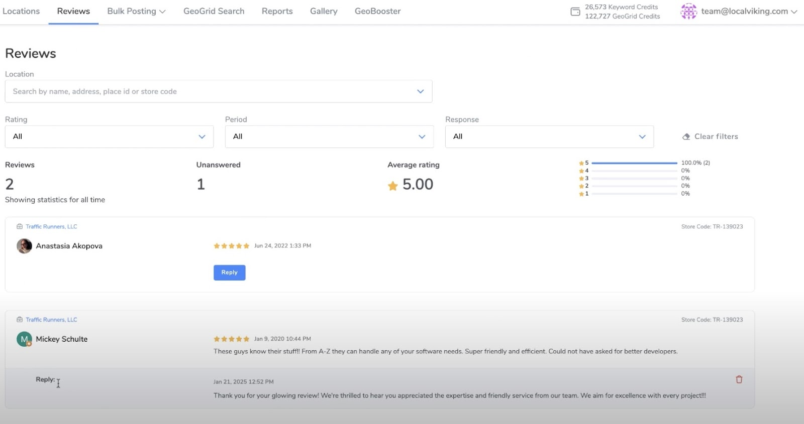"Reviews" dashboard on Local Viking with options to filter by location, rating, period, and response.