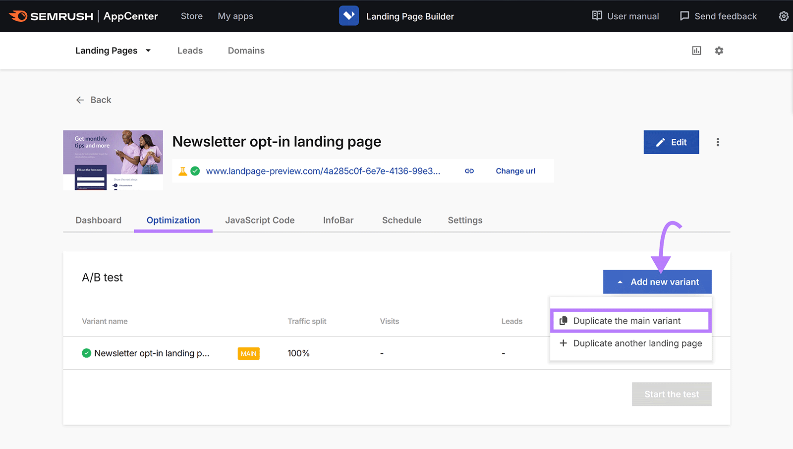 Optimization tab opened of new landing page, Add new variant button clicked, and Duplicate the main variant option highlighted.