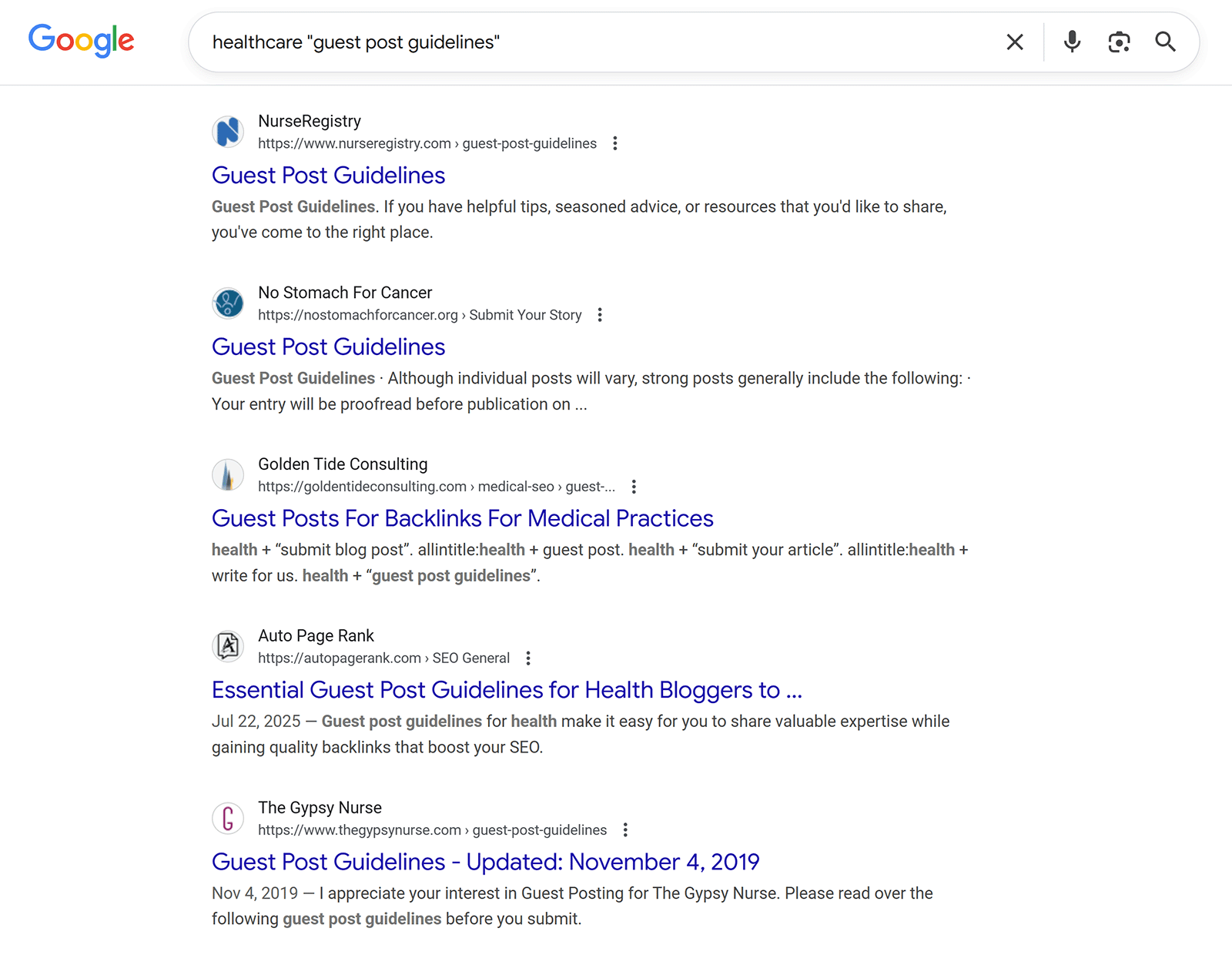 Google search results for healthcare guest post guidelines.