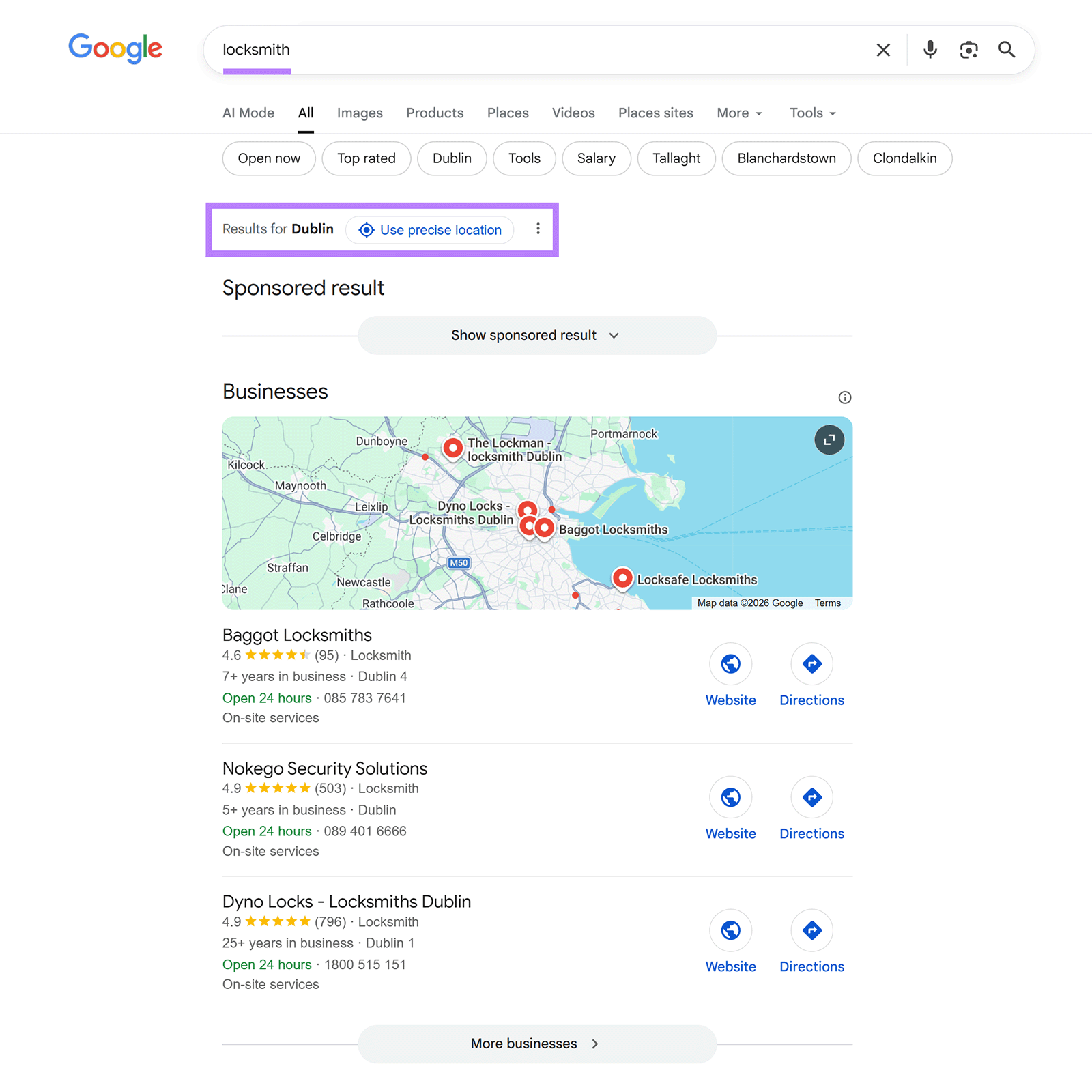 Google search results for “locksmith” showing results targeted to Dublin location.