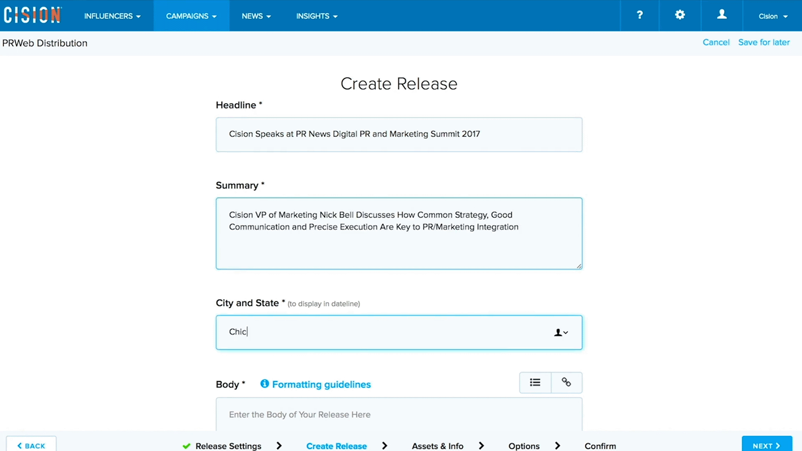 Cision press release form with fields for headline, summary, city, and release body.