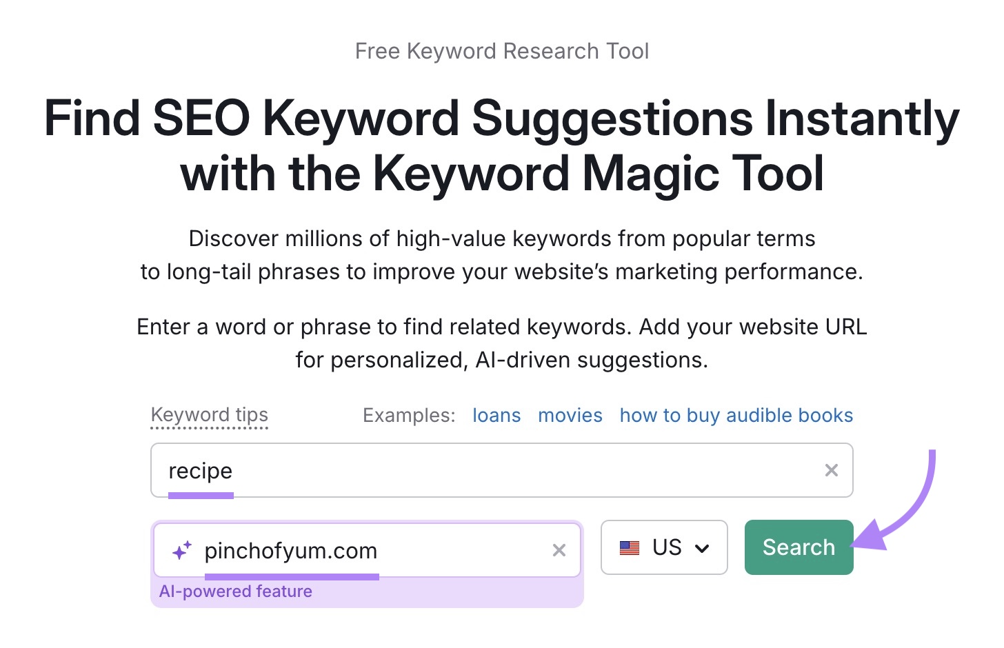 Keyword Magic Tool start with "recipe" entered as the term, a domain entered, and "Search" clicked.