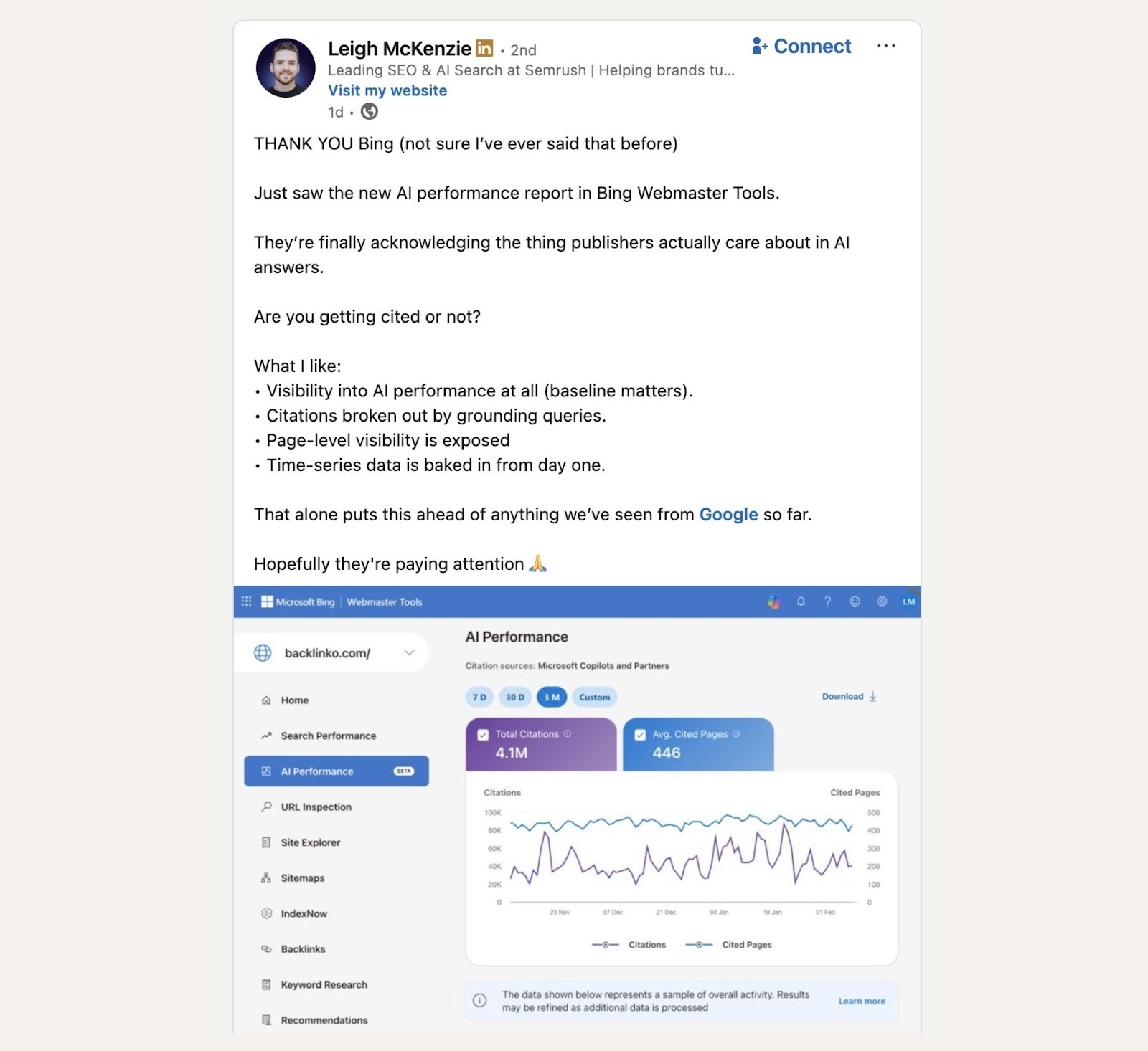 A post on LinkedIn by Leigh McKenzie talking about what he likes about Bing's AI Performance report.