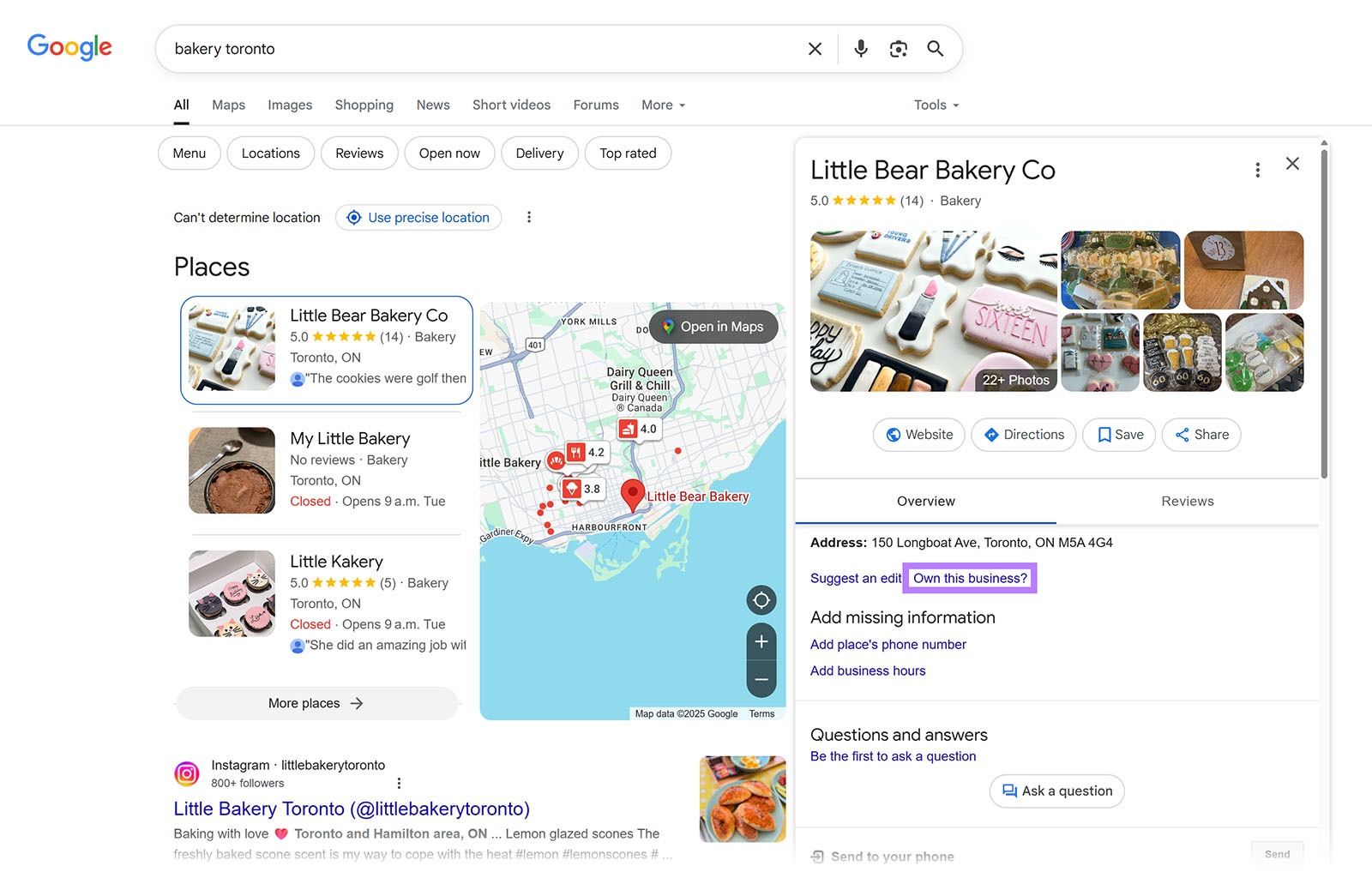 Google business profile for Little Bear Bakery with “Own this business?” link highlighted.