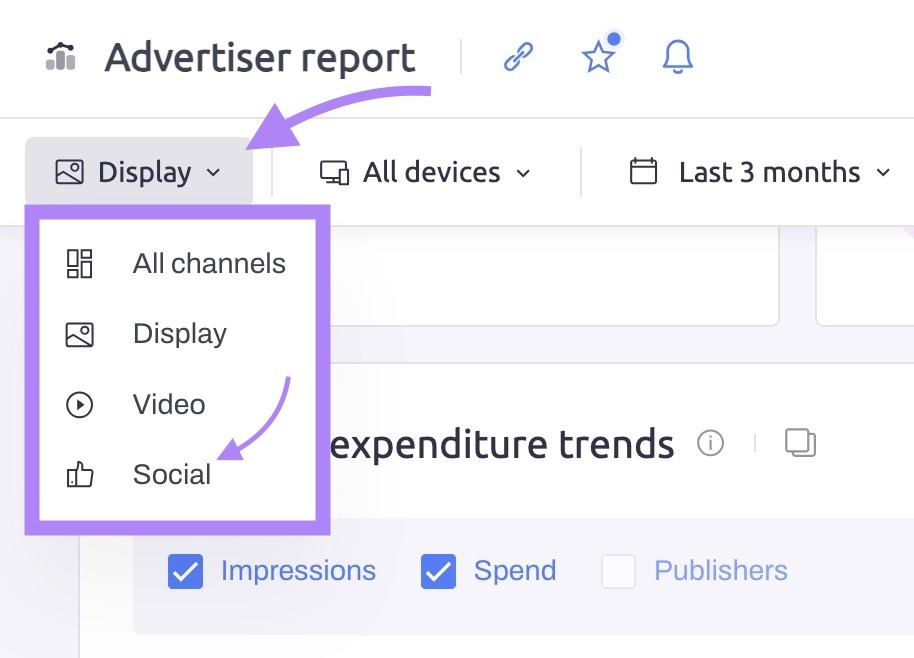 "Social" selected from the channel drop-down on top of the Advertiser report.