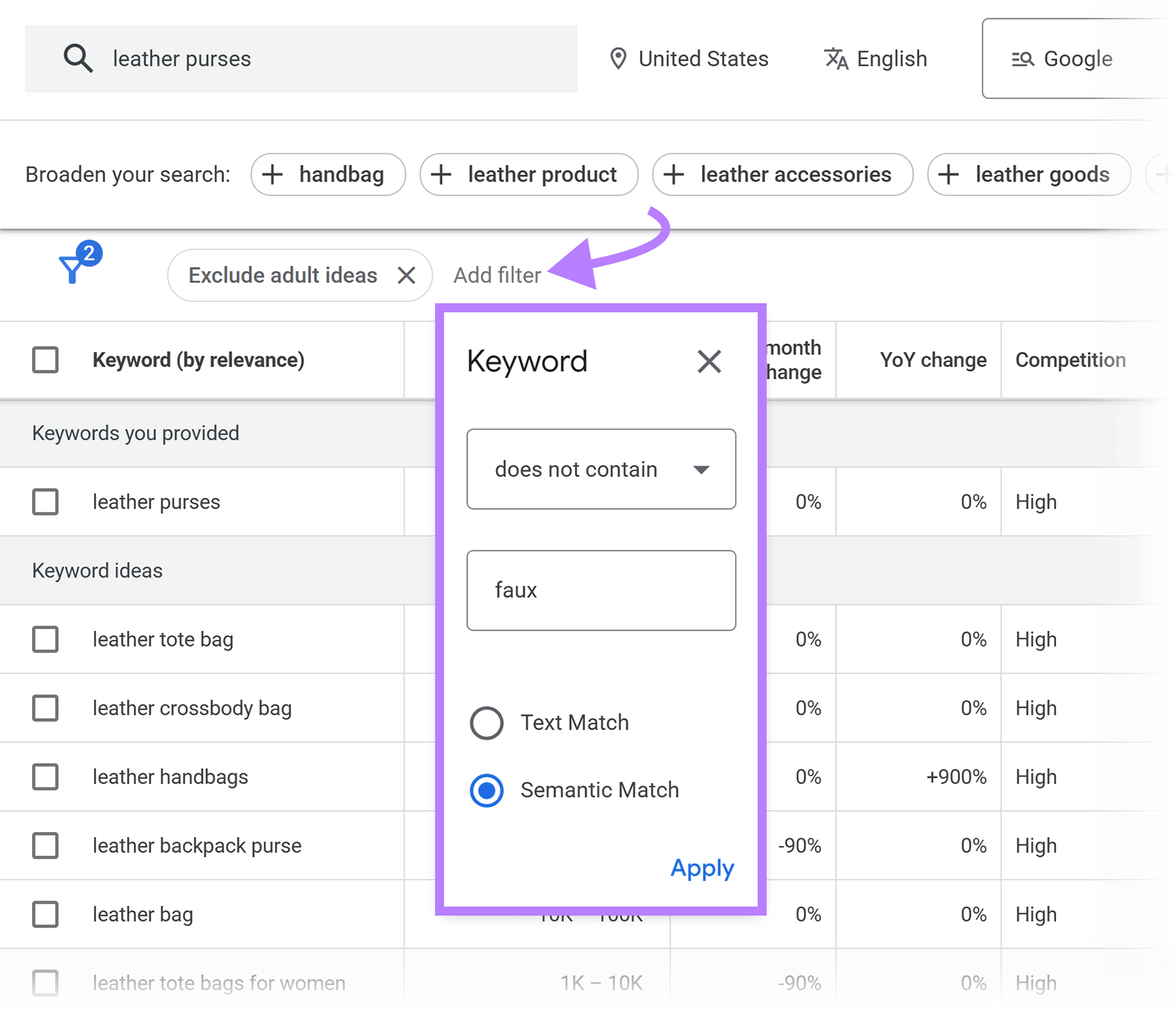 Google Keyword Planner filter panel showing keyword exclusion with semantic match applied