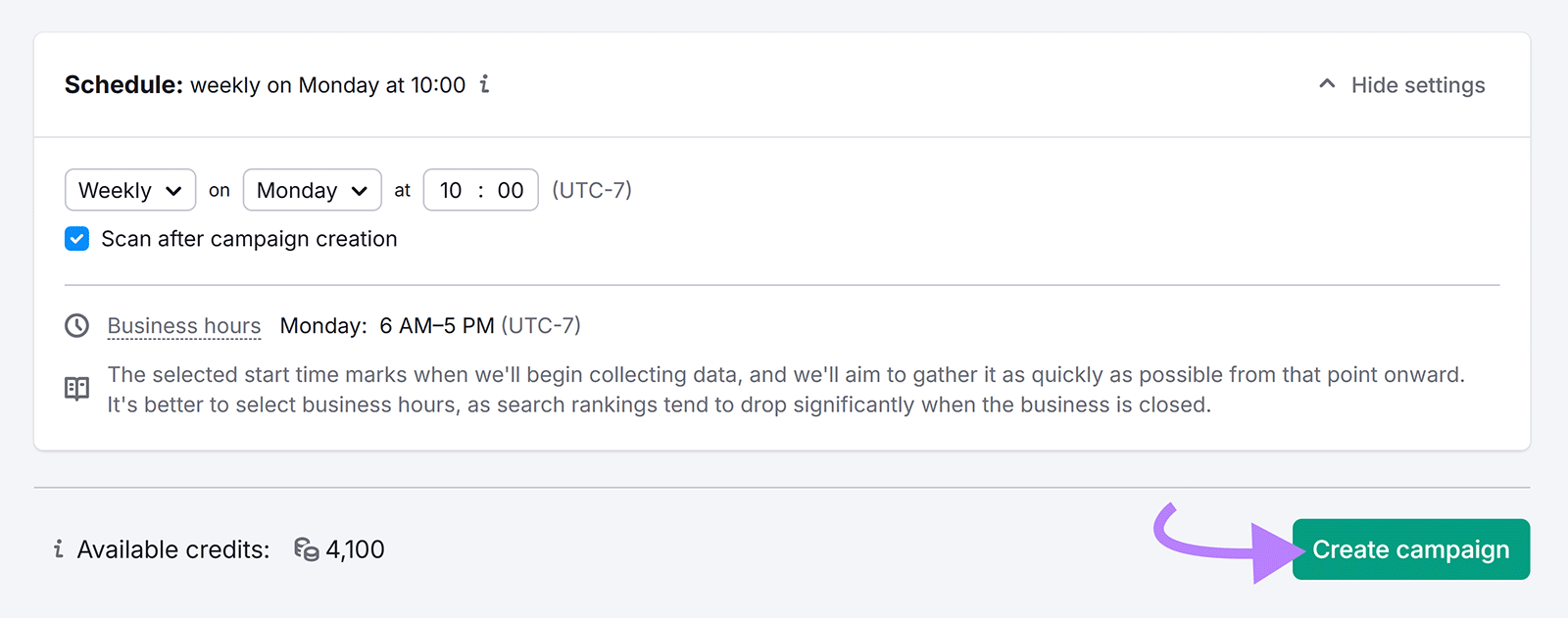 Campaign scheduling panel set to scan Mondays at 10 AM with Create campaign button active.