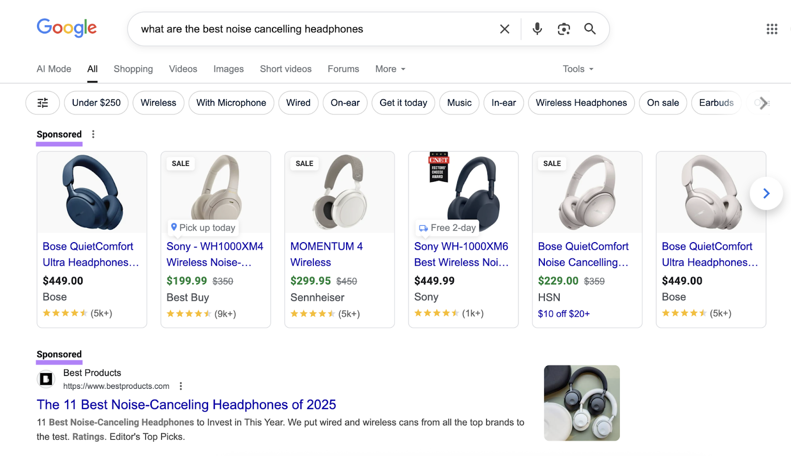PLAs and paid search ads appear at the top of the SERP for a long-tail-keyword.
