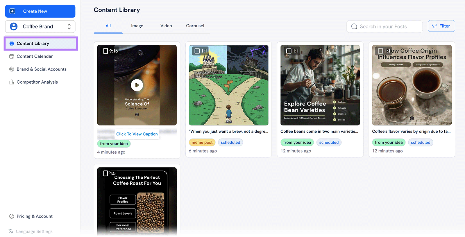 Content library dashboard showing social media posts and videos for a coffee brand with filters and status tags.