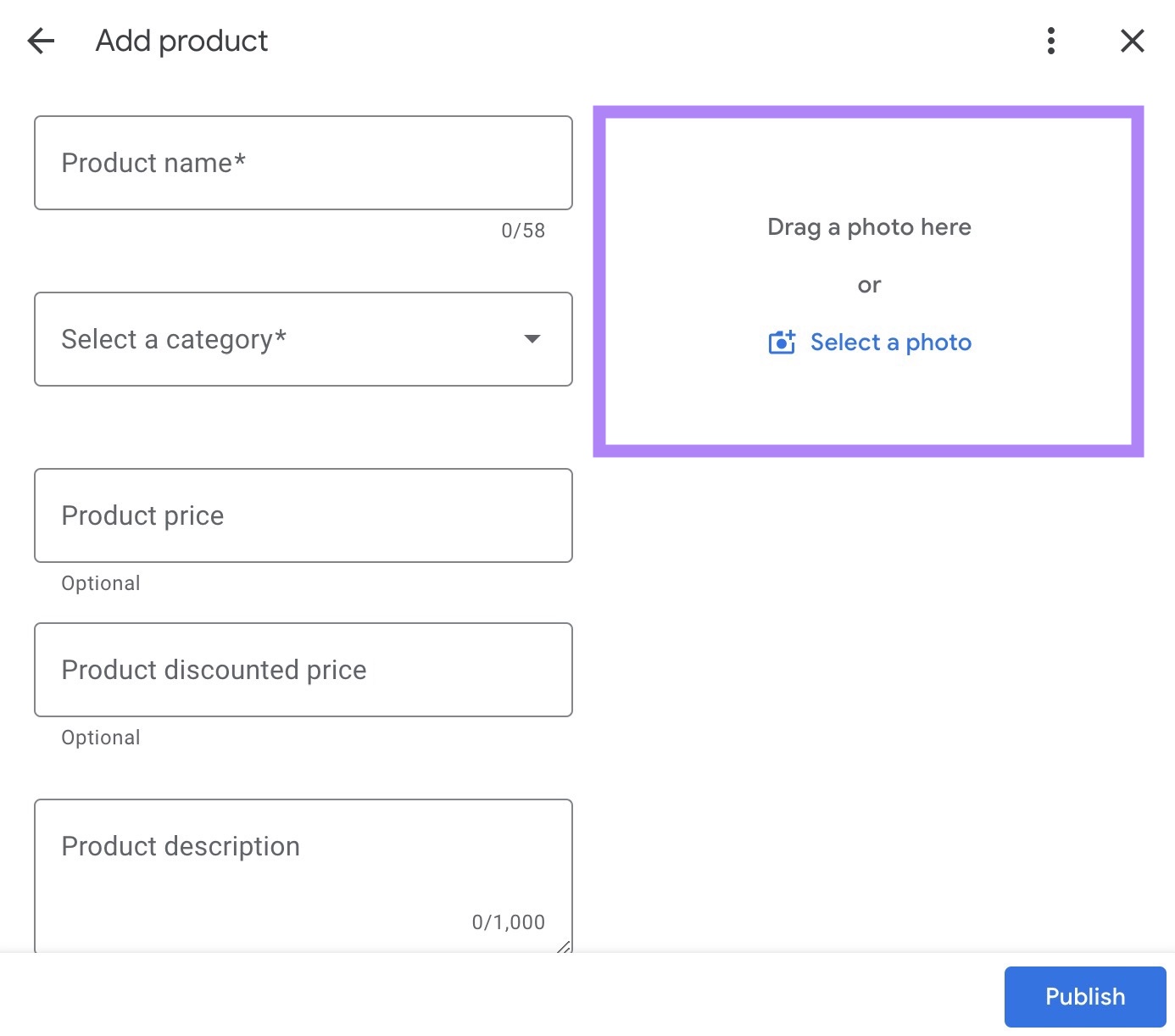 The "Add product" window on GBP with input boxes to add an image along with other details like name, price, and description.