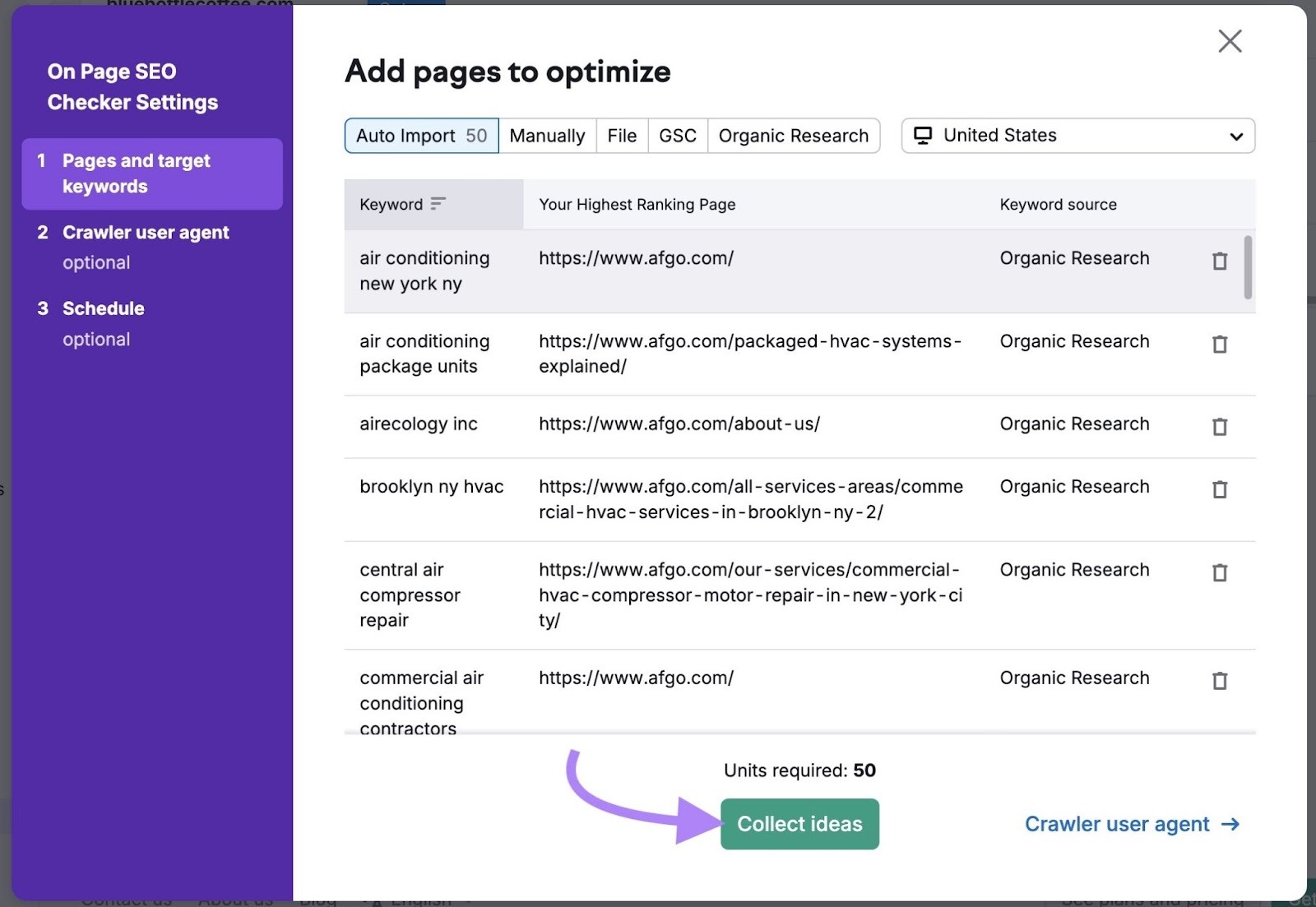 Pages and target keywords settings on the On Page SEO Checker configuration.