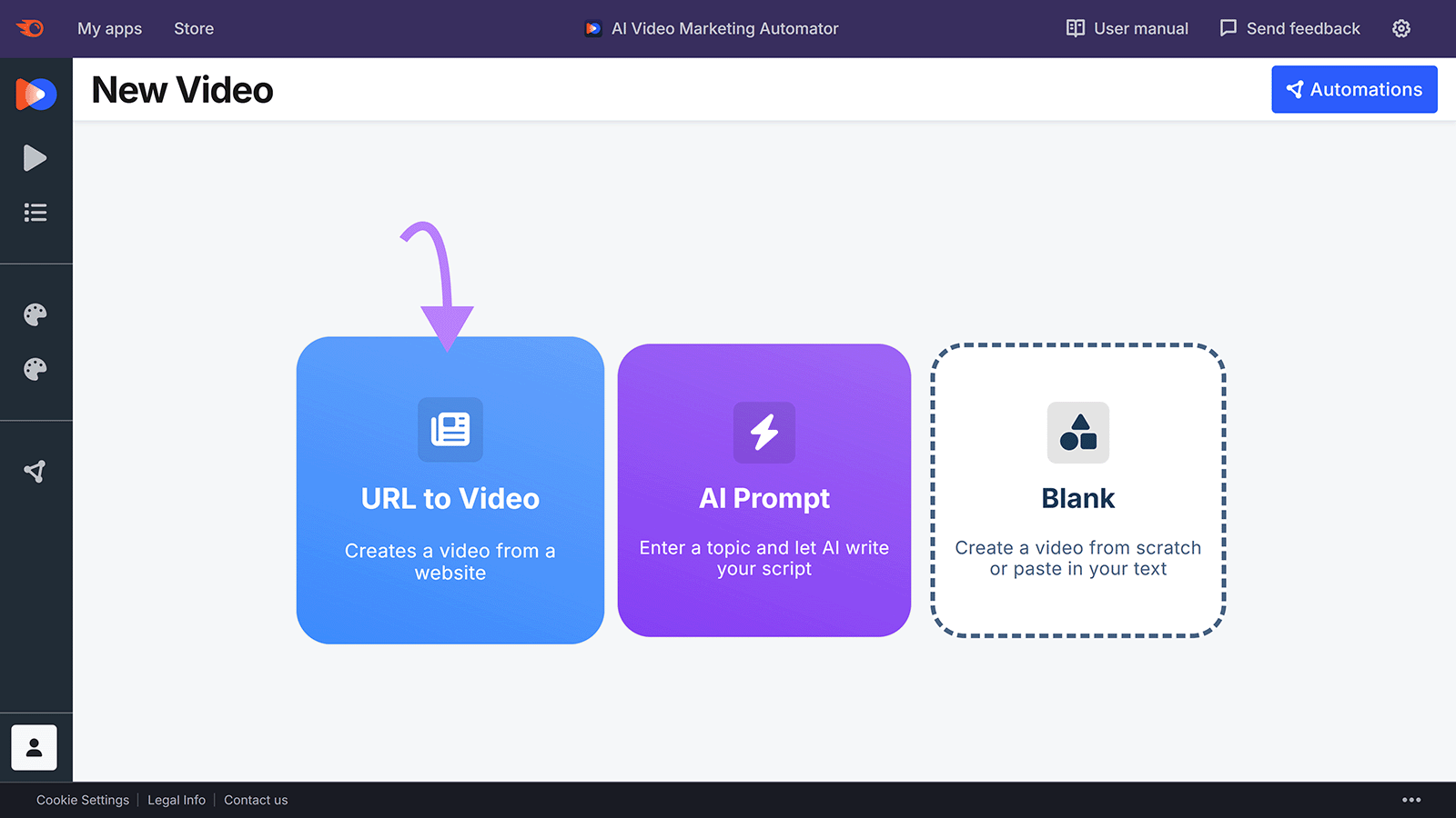 AI video creation dashboard showing three options: URL to Video, AI Prompt, and Blank, with arrow pointing to first.
