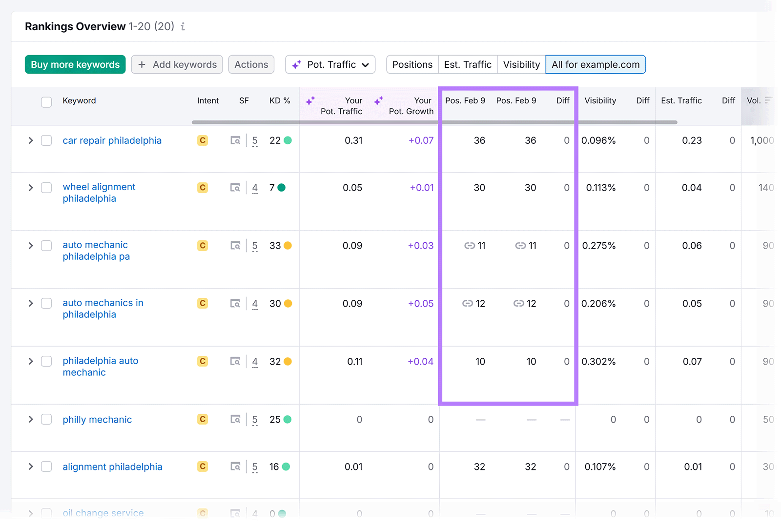 Rankings overview table showing keyword positions, traffic, and visibility for Philadelphia terms.
